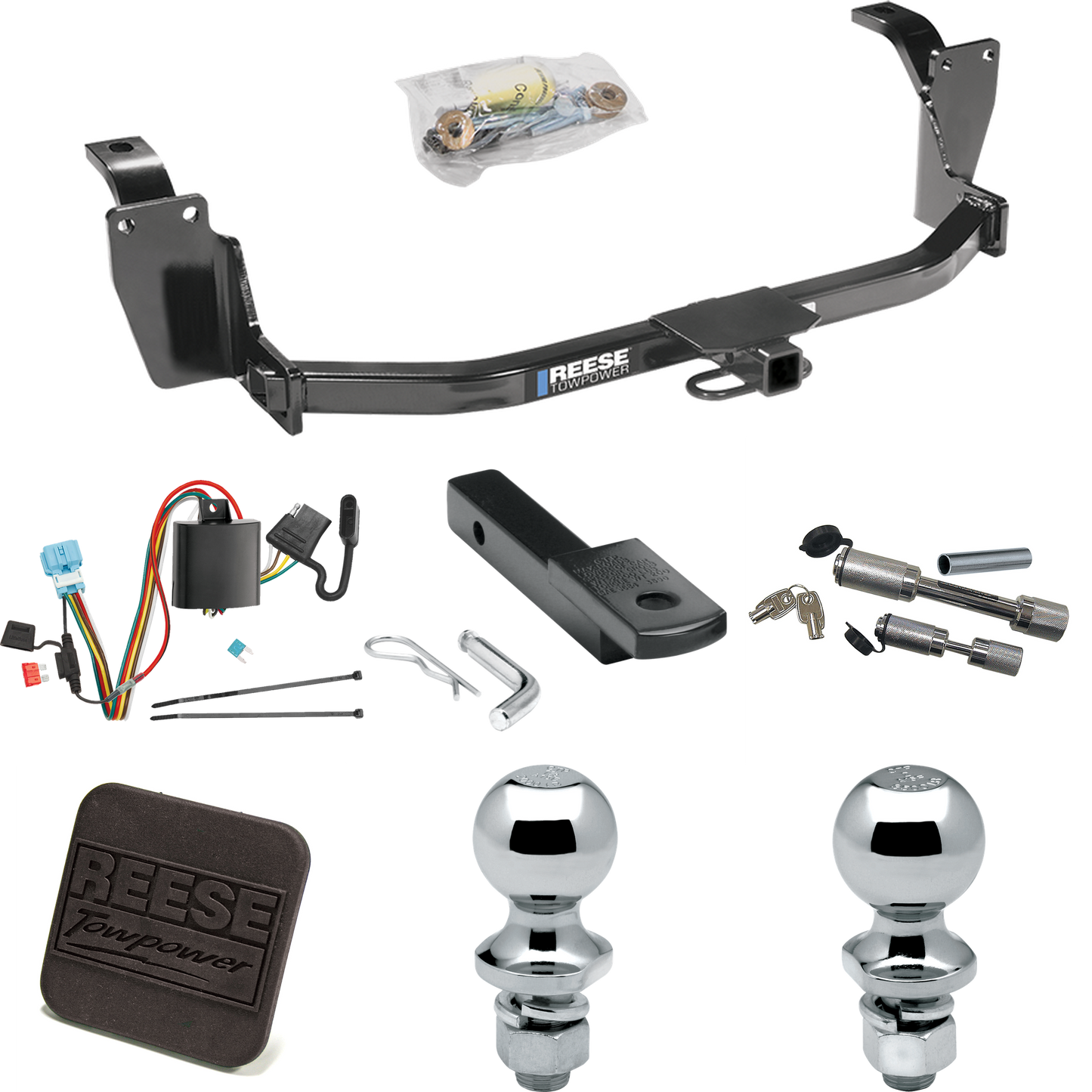 Fits 2012-2012 Honda Crosstour Trailer Hitch Tow PKG w/ 4-Flat Wiring Harness + Draw-Bar + 1-7/8" + 2" Ball + Hitch Cover + Dual Hitch & Coupler Locks By Reese Towpower