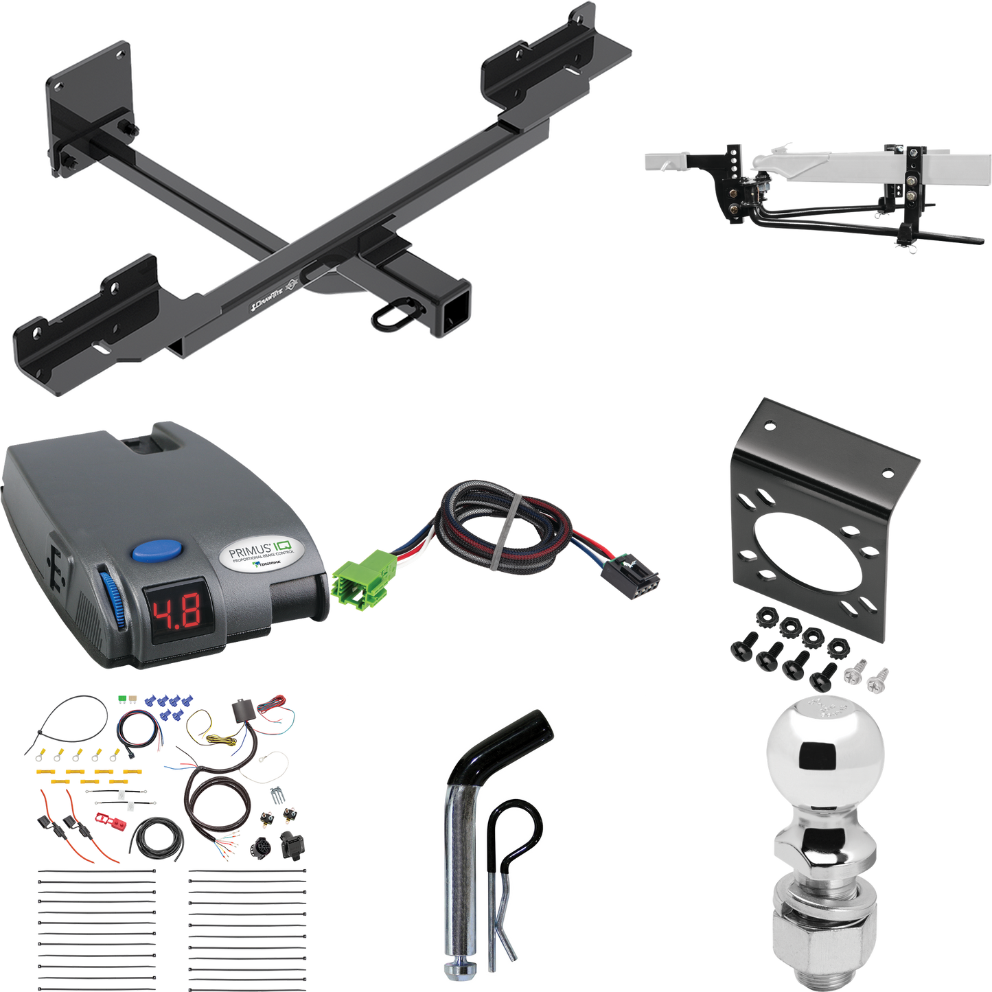 Fits 2016-2019 Mercedes-Benz GLE350 Trailer Hitch Tow PKG w/ 8K Round Bar Weight Distribution Hitch w/ 2-5/16" Ball + 2" Ball + Pin/Clip + Tekonsha Primus IQ Brake Control + Plug & Play BC Adapter + 7-Way RV Wiring (Excludes: w/Active Curve System Mo