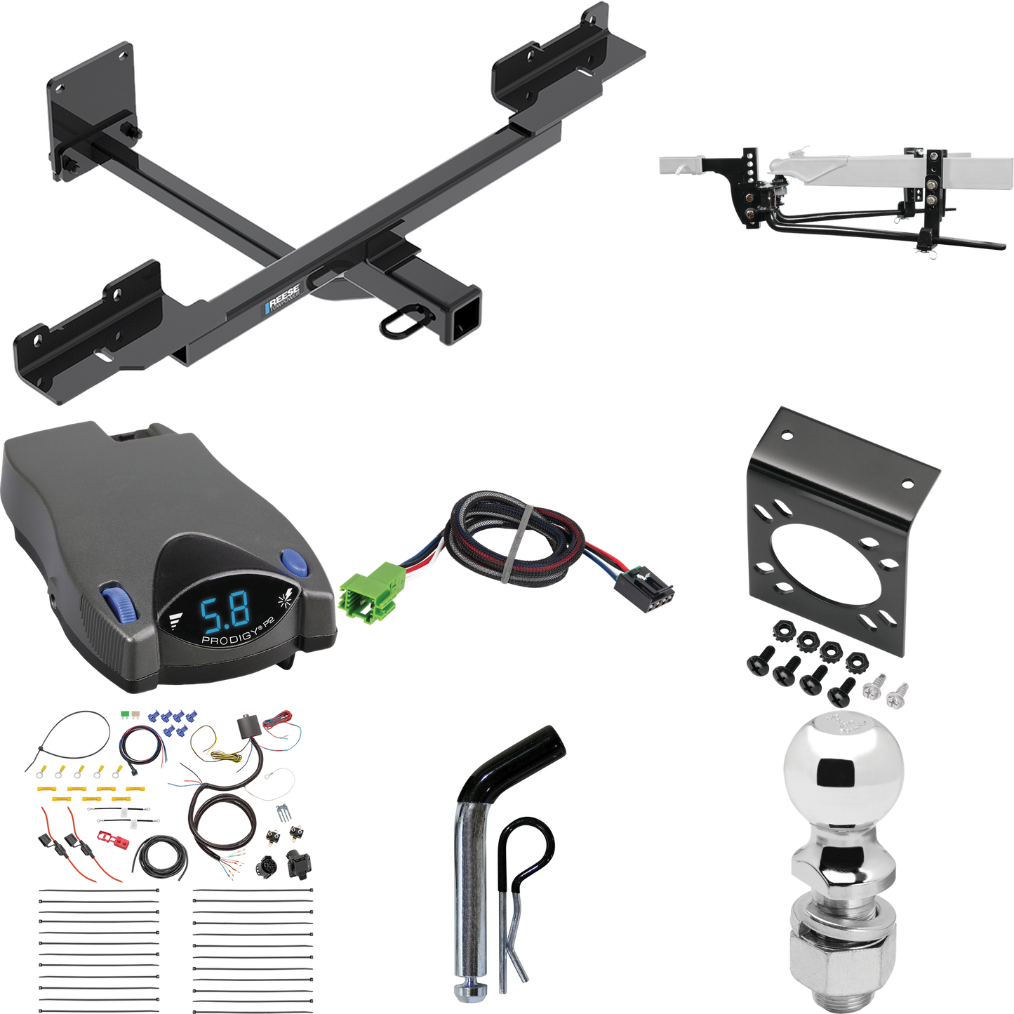 Fits 2012-2015 Mercedes-Benz ML350 Trailer Hitch Tow PKG w/ 8K Round Bar Weight Distribution Hitch w/ 2-5/16" Ball + 2" Ball + Pin/Clip + Tekonsha Prodigy P2 Brake Control + Plug & Play BC Adapter + 7-Way RV Wiring (Excludes: w/Active Curve System Mo