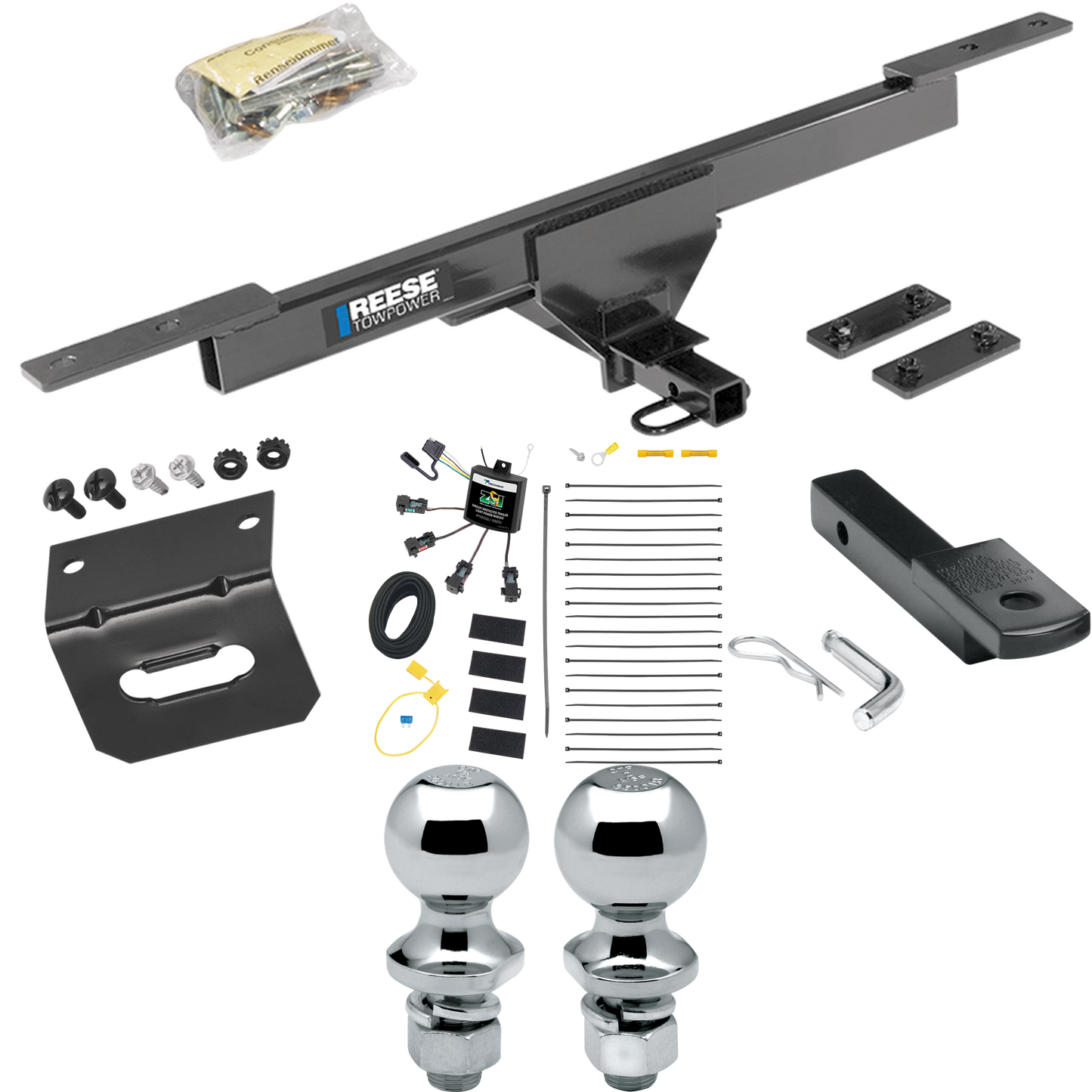 Fits 2017-2019 Volkswagen Passat Trailer Hitch Tow PKG w/ 4-Flat Zero Contact "No Splice" Wiring Harness + Draw-Bar + 1-7/8" + 2" Ball + Wiring Bracket By Reese Towpower