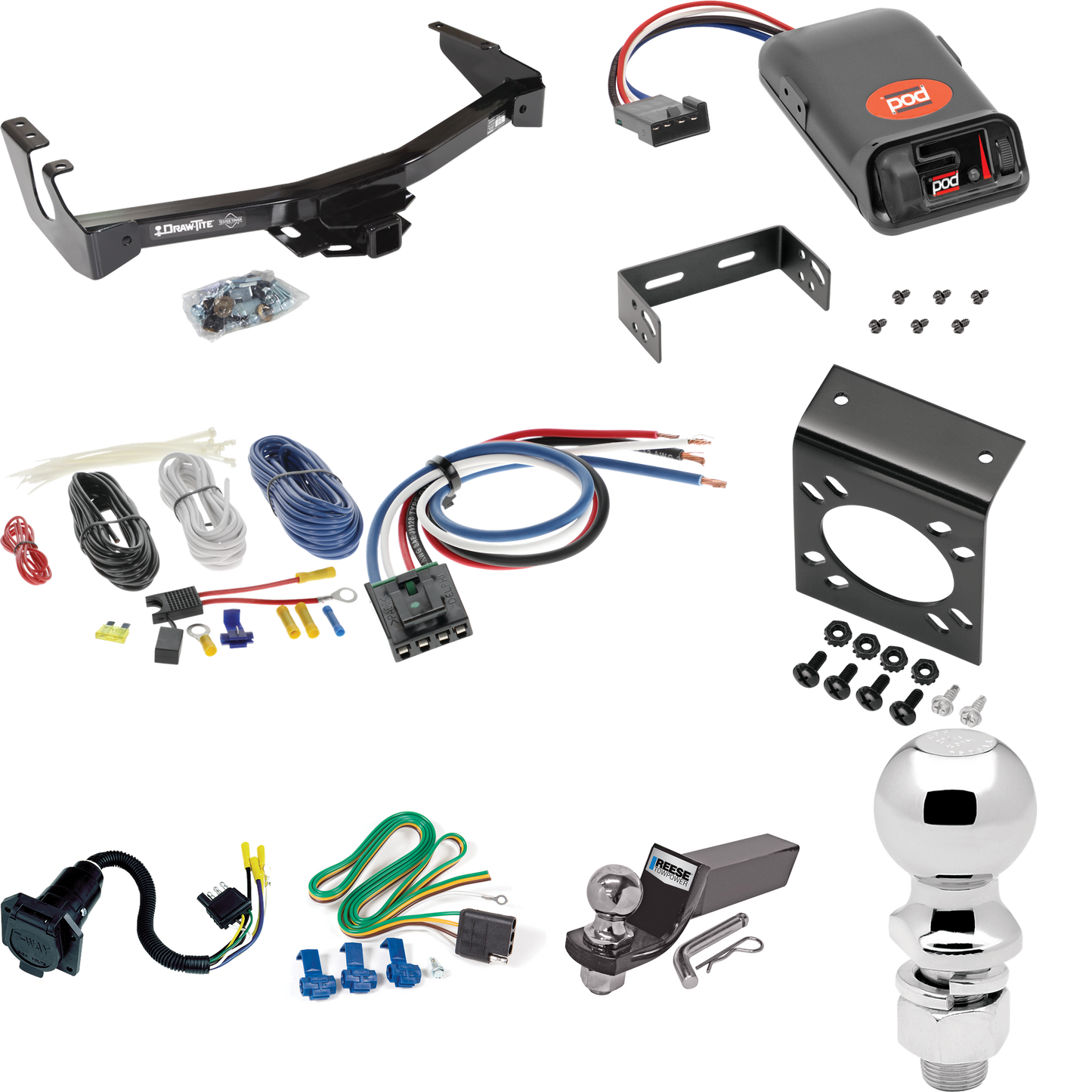 Fits 1999-2000 Dodge Ram 1500 Van Trailer Hitch Tow PKG w/ Pro Series POD Brake Control + Generic BC Wiring Adapter + 7-Way RV Wiring + 2" & 2-5/16" Ball & Drop Mount (Excludes: w/Factory Step Bumper Models) By Draw-Tite