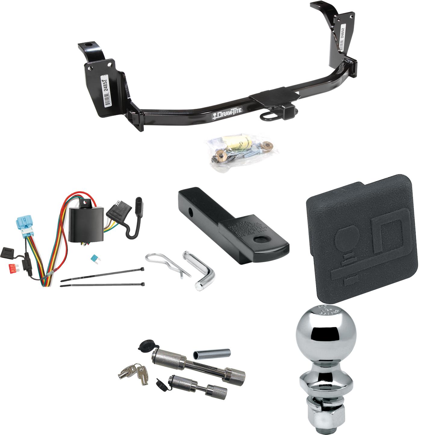 Se adapta al paquete de enganche de remolque Honda Accord Crosstour 2010-2011 con arnés de cableado de 4 planos + barra de tracción + bola de 2" + cubierta de enganche + enganche doble y cerraduras de acoplador de Draw-Tite