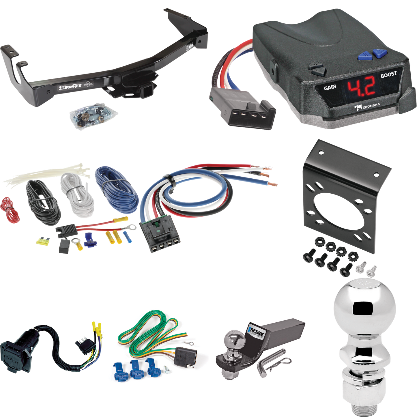 Fits 1994-1994 Dodge B350 Trailer Hitch Tow PKG w/ Tekonsha BRAKE-EVN Brake Control + Generic BC Wiring Adapter + 7-Way RV Wiring + 2" & 2-5/16" Ball & Drop Mount (Excludes: w/Factory Step Bumper Models) By Draw-Tite