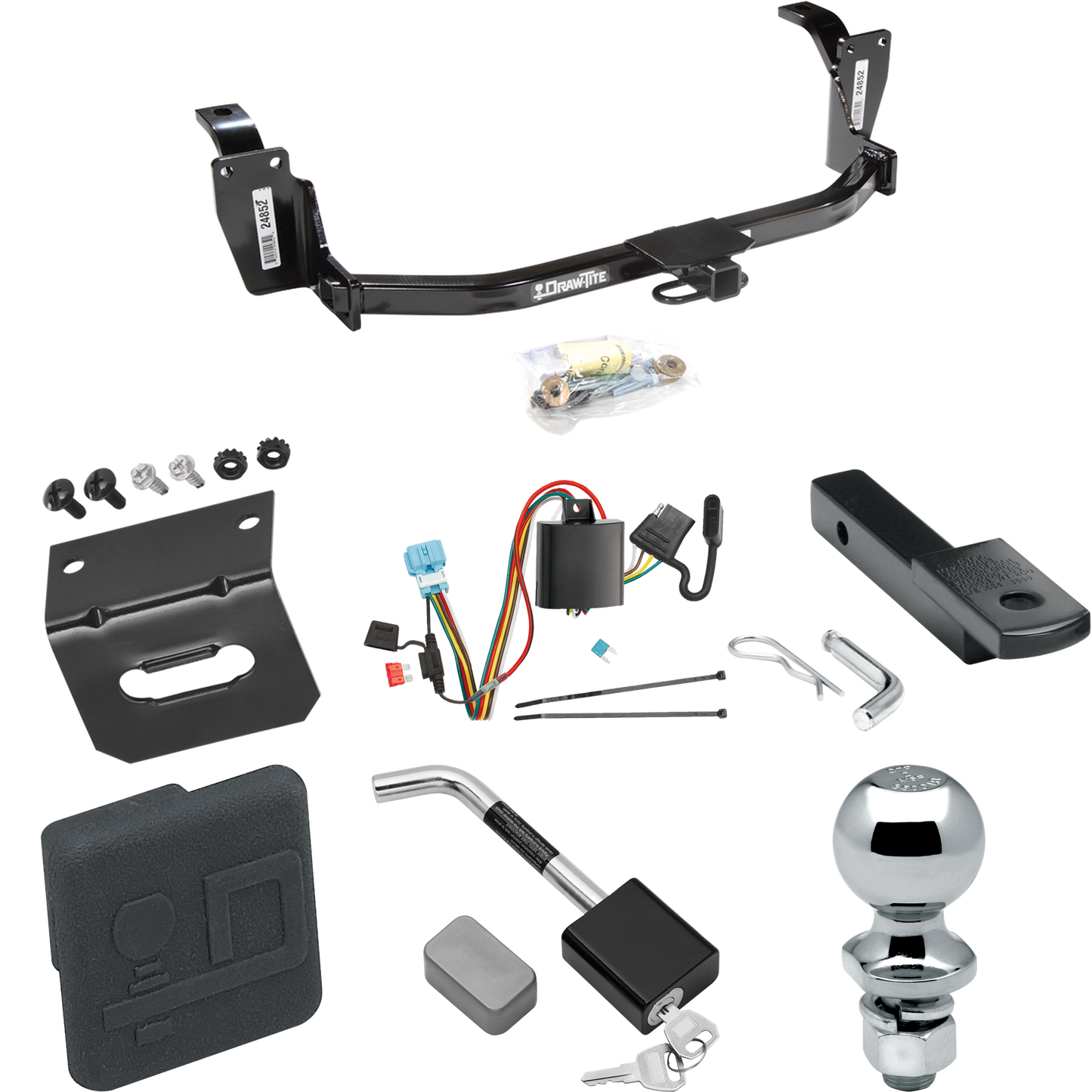 Se adapta al paquete de enganche de remolque Honda Crosstour 2012-2012 con arnés de cableado plano de 4 + barra de tracción + bola de 2" + soporte de cableado + cubierta de enganche + bloqueo de enganche de Draw-Tite