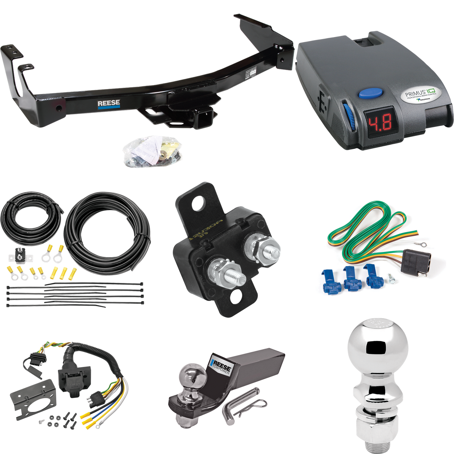 Fits 1999-2000 Dodge Ram 1500 Van Trailer Hitch Tow PKG w/ Tekonsha Primus IQ Brake Control + 7-Way RV Wiring + 2" & 2-5/16" Ball & Drop Mount (Excludes: w/Factory Step Bumper Models) By Reese Towpower