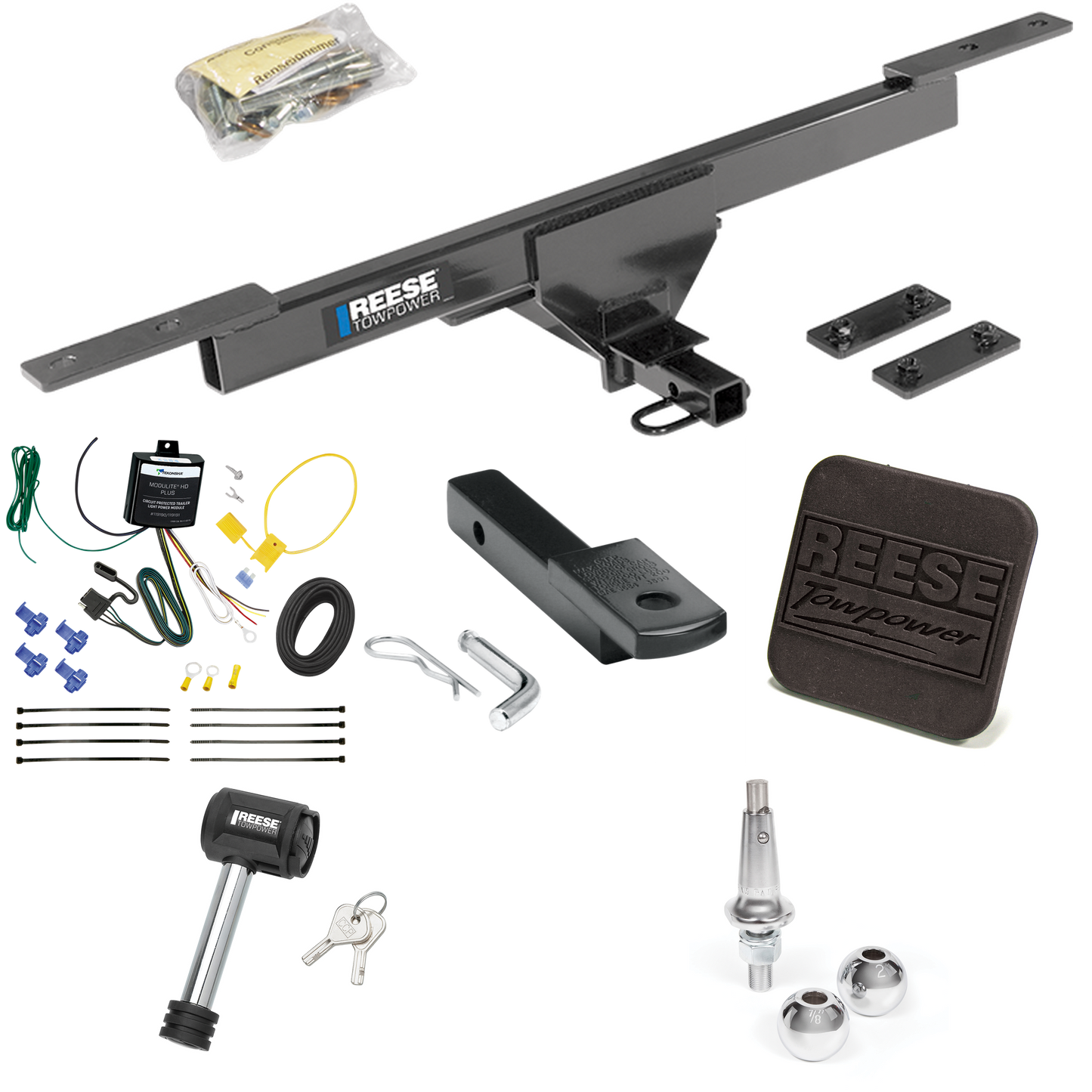 Fits 2017-2019 Volkswagen Passat Trailer Hitch Tow PKG w/ 4-Flat Wiring Harness + Draw-Bar + Interchangeable 1-7/8" & 2" Balls + Hitch Cover + Hitch Lock By Reese Towpower