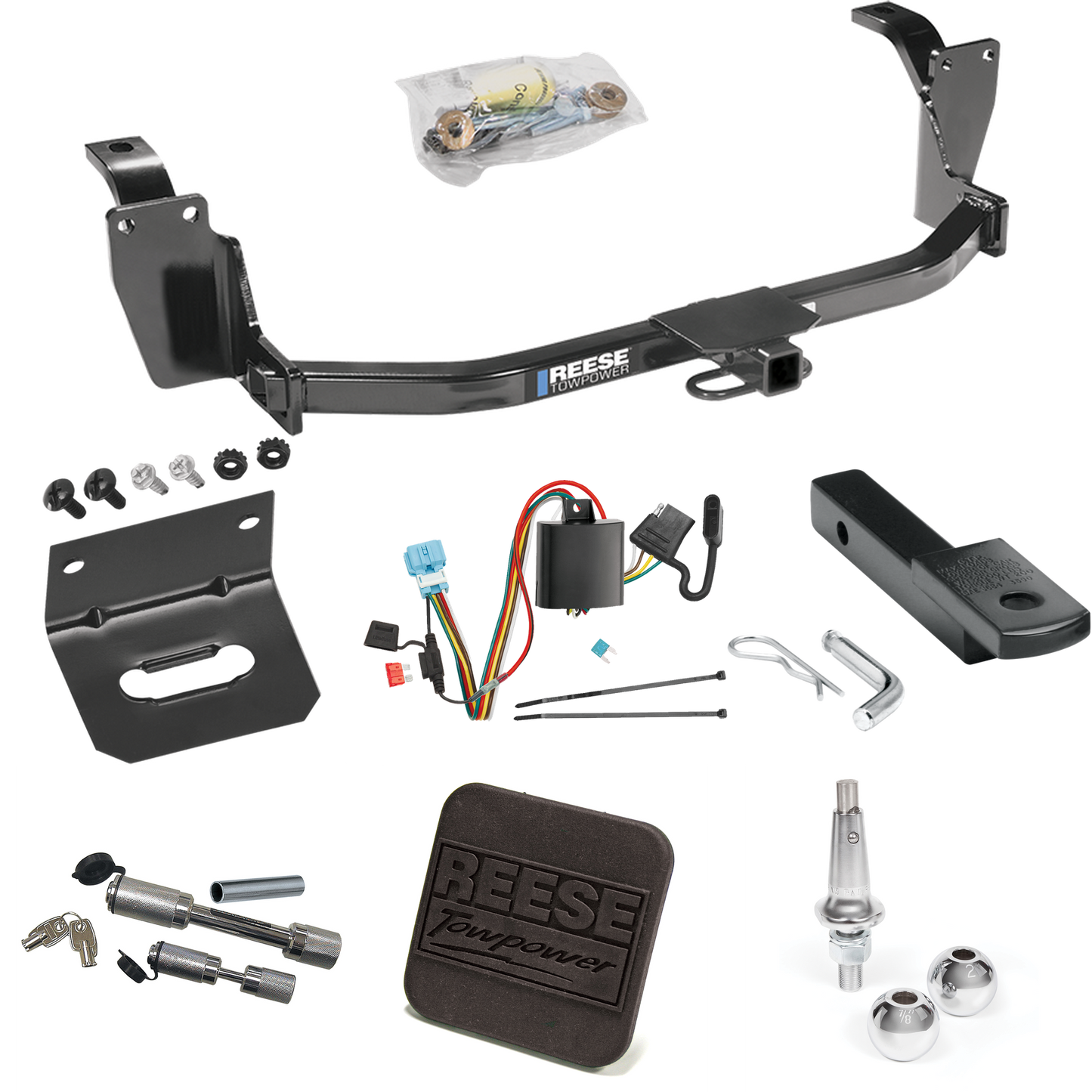 Fits 2012-2012 Honda Crosstour Trailer Hitch Tow PKG w/ 4-Flat Wiring Harness + Draw-Bar + Interchangeable 1-7/8" & 2" Balls + Wiring Bracket + Hitch Cover + Dual Hitch & Coupler Locks By Reese Towpower