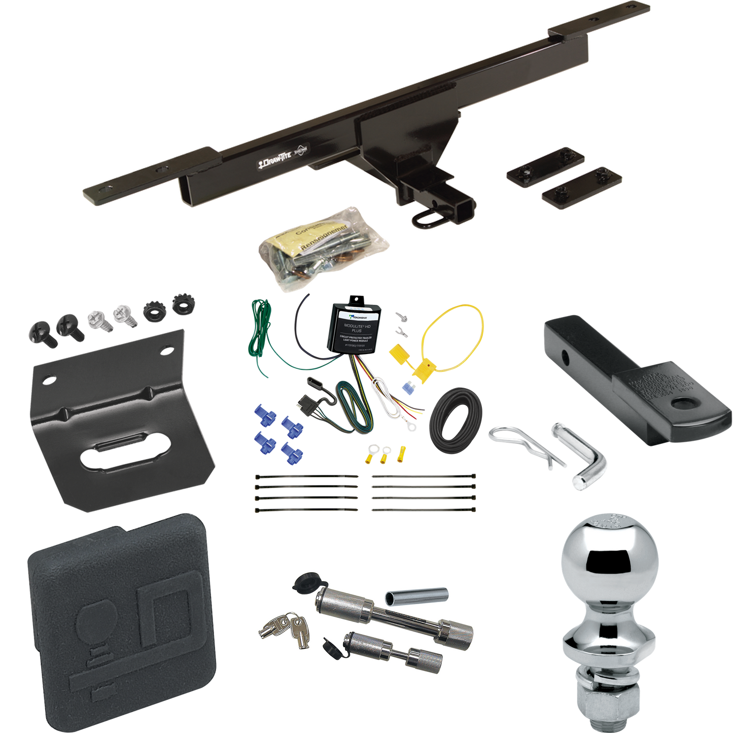 Fits 2016-2022 Volkswagen Passat Trailer Hitch Tow PKG w/ 4-Flat Wiring Harness + Draw-Bar + 1-7/8" Ball + Wiring Bracket + Hitch Cover + Dual Hitch & Coupler Locks (Excludes: SE & SEL Models) By Draw-Tite