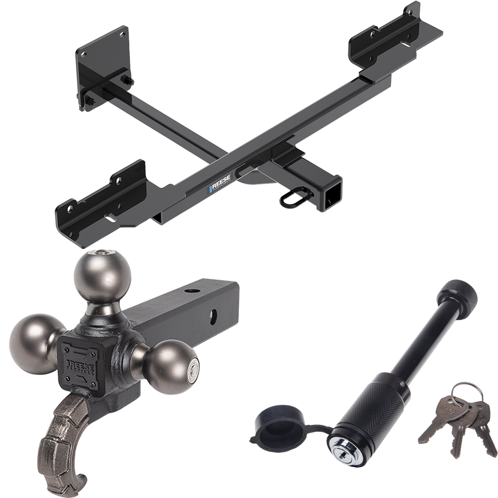 Fits 2016-2019 Mercedes-Benz GLE350 Trailer Hitch Tow PKG + Tactical Triple Ball Ball Mount 1-7/8" & 2" & 2-5/16" Balls & Tow Hook + Tactical Dogbone Lock (Excludes: w/Active Curve System Models) By Reese Towpower