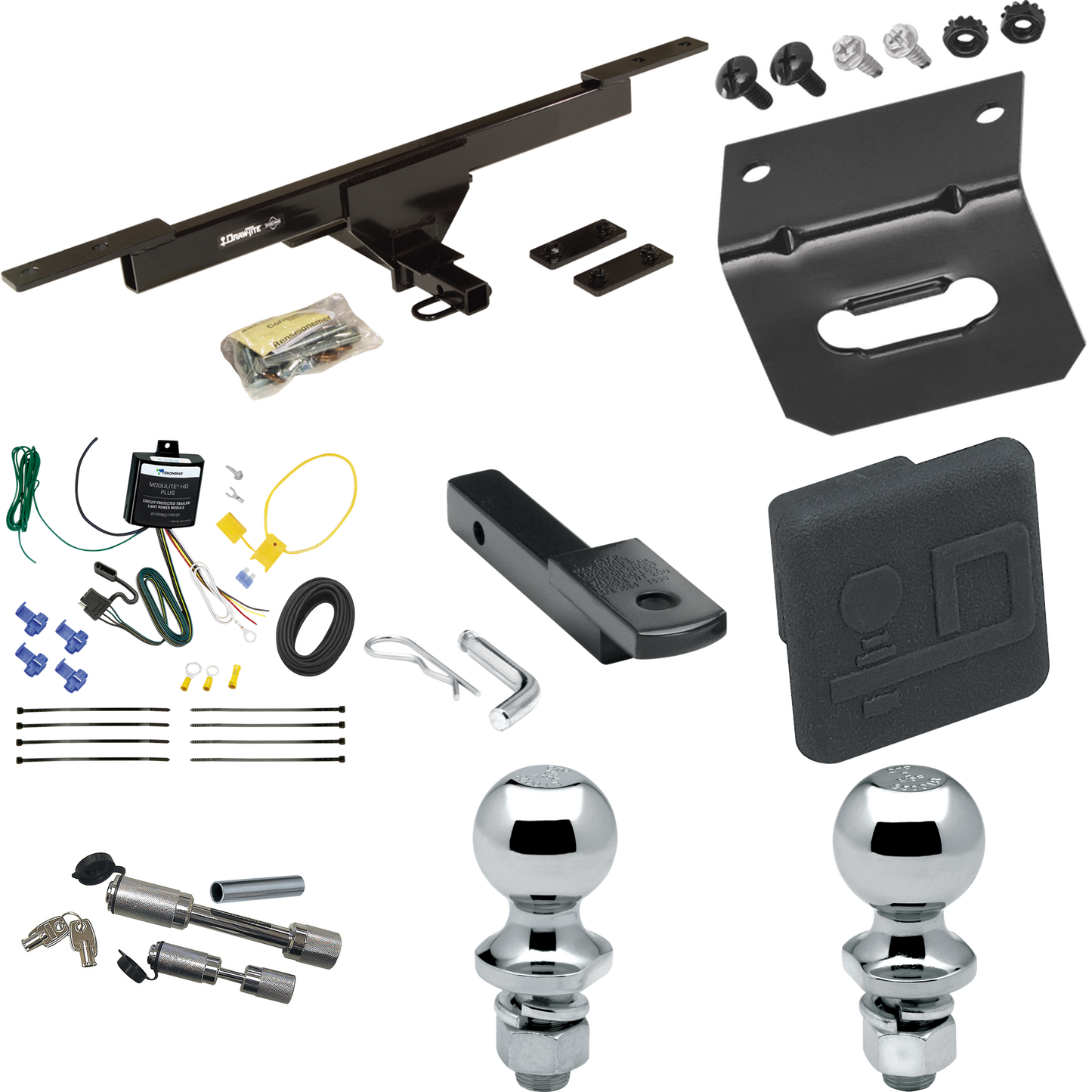 Fits 2016-2022 Volkswagen Passat Trailer Hitch Tow PKG w/ 4-Flat Wiring Harness + Draw-Bar + 1-7/8" + 2" Ball + Wiring Bracket + Hitch Cover + Dual Hitch & Coupler Locks (Excludes: SE & SEL Models) By Draw-Tite