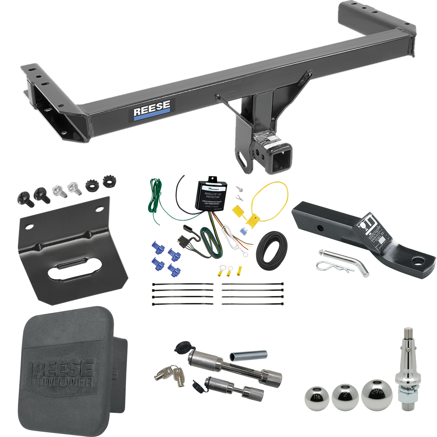 Fits 2013-2017 Audi Q5 Trailer Hitch Tow PKG w/ 4-Flat Wiring + Ball Mount w/ 2" Drop + Interchangeable Ball 1-7/8" & 2" & 2-5/16" + Wiring Bracket + Dual Hitch & Coupler Locks + Hitch Cover By Reese Towpower