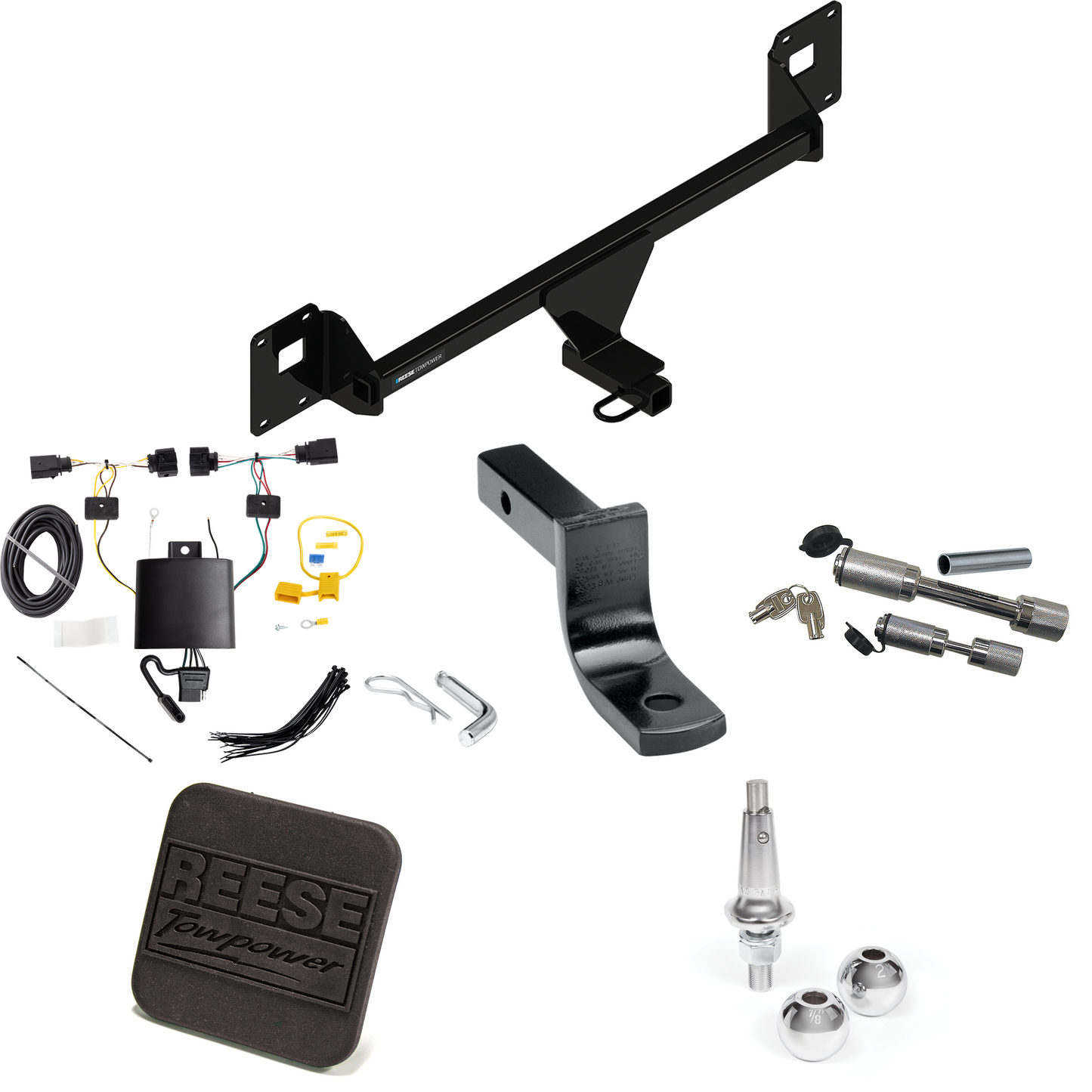 Fits 2019-2023 Volkswagen Jetta Trailer Hitch Tow PKG w/ 4-Flat Wiring Harness + Draw-Bar + Interchangeable 1-7/8" & 2" Balls + Hitch Cover + Dual Hitch & Coupler Locks By Reese Towpower