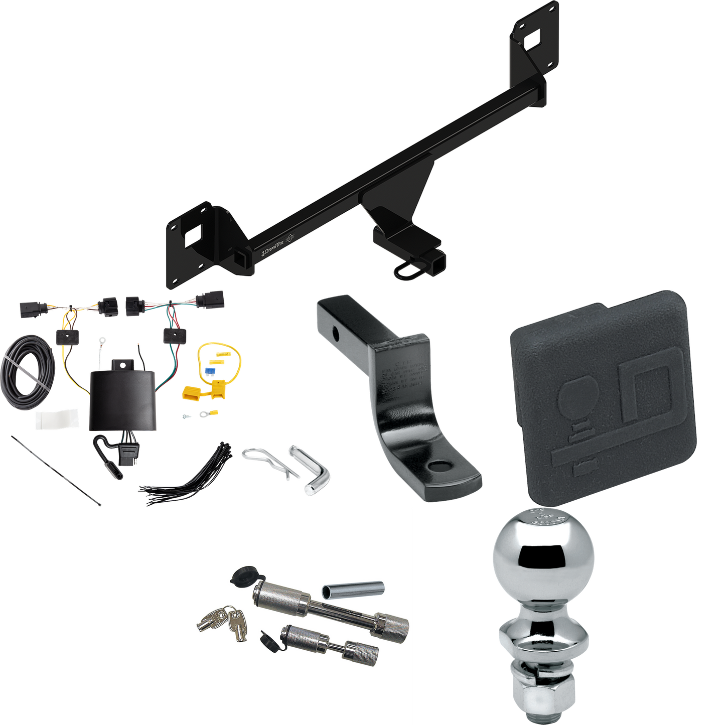 Se adapta al paquete de enganche de remolque Volkswagen Jetta 2019-2023 con arnés de cableado plano de 4 + barra de tracción + bola de 2" + cubierta de enganche + enganche doble y cerraduras de acoplador de Draw-Tite