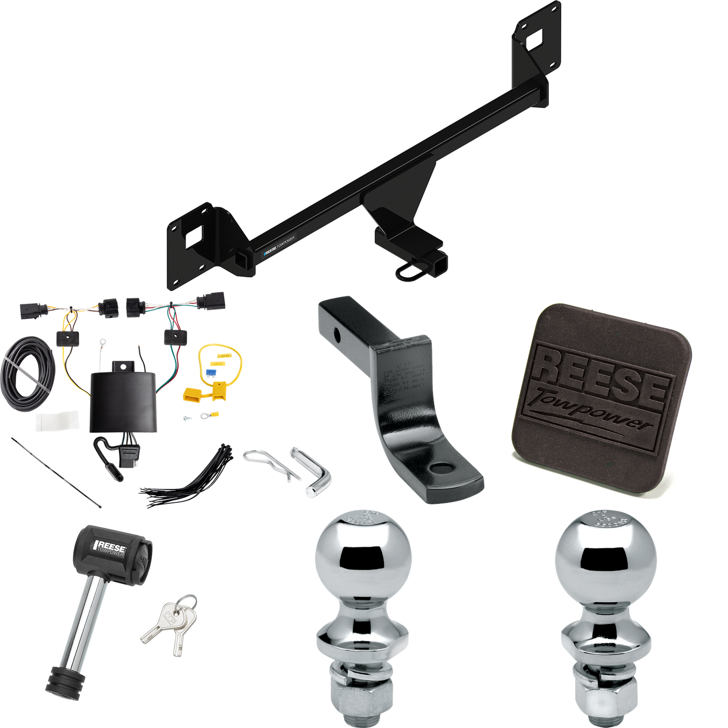 Fits 2019-2023 Volkswagen Jetta Trailer Hitch Tow PKG w/ 4-Flat Wiring Harness + Draw-Bar + 1-7/8" + 2" Ball + Hitch Cover + Hitch Lock By Reese Towpower