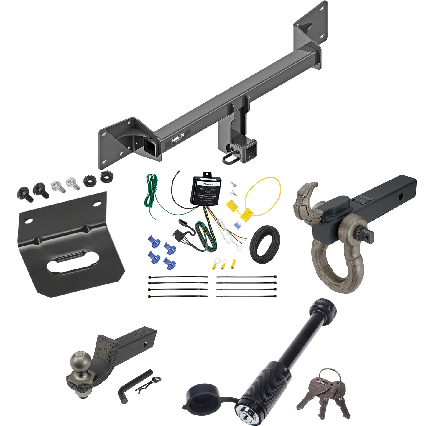 Fits 2018-2022 Audi SQ5 Trailer Hitch Tow PKG w/ 4-Flat Wiring + Interlock Tactical Starter Kit w/ 2" Drop & 2" Ball + Tactical Hook & Shackle Mount + Tactical Dogbone Lock + Wiring Bracket By Reese Towpower