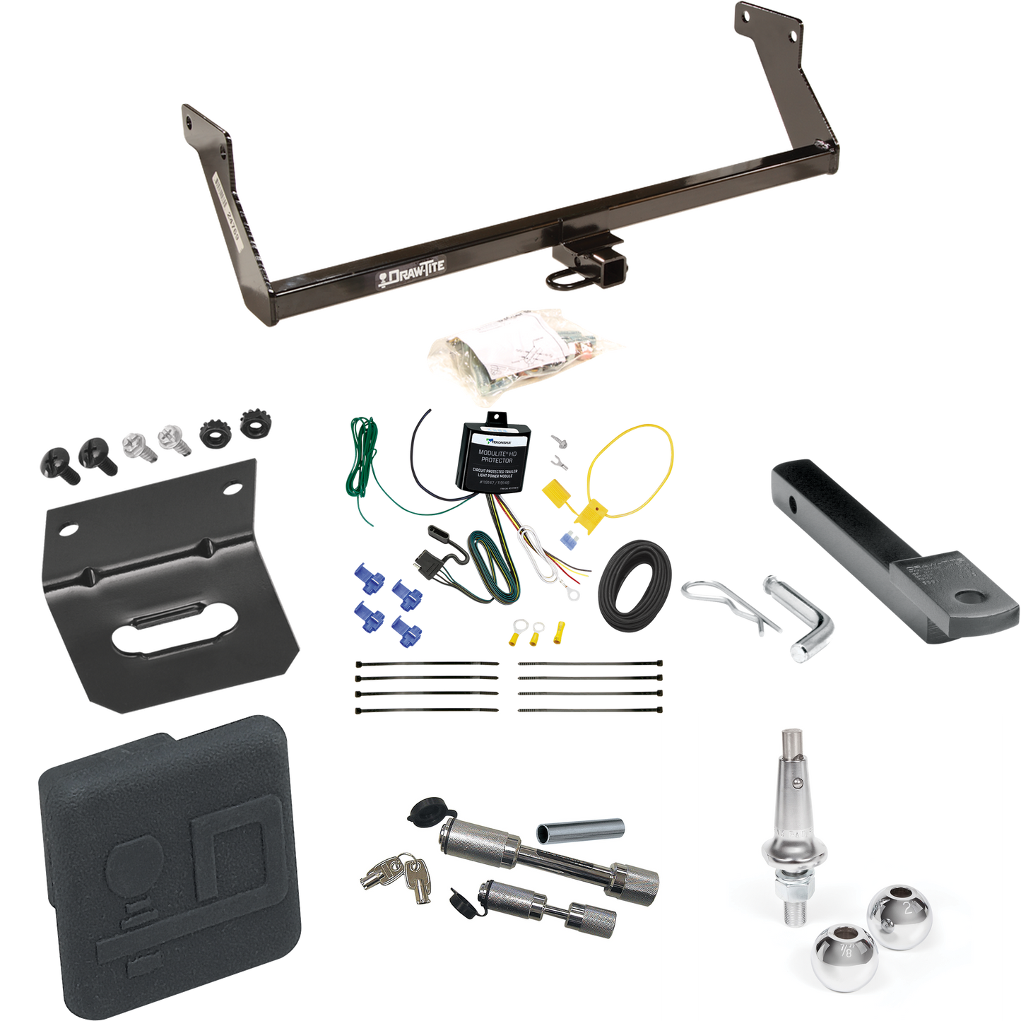 Fits 2007-2007 Dodge Caliber Trailer Hitch Tow PKG w/ 4-Flat Wiring Harness + Draw-Bar + Interchangeable 1-7/8" & 2" Balls + Wiring Bracket + Hitch Cover + Dual Hitch & Coupler Locks By Draw-Tite