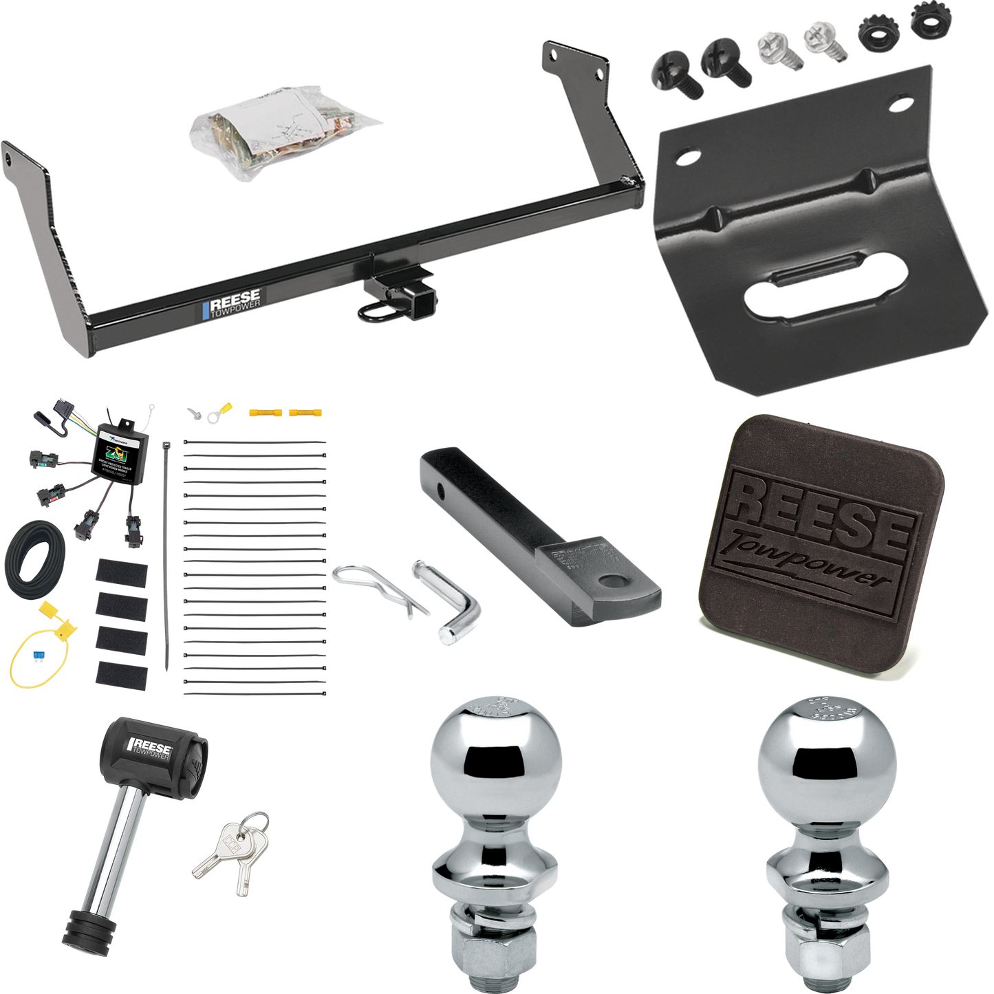 Fits 2007-2007 Dodge Caliber Trailer Hitch Tow PKG w/ 4-Flat Zero Contact "No Splice" Wiring Harness + Draw-Bar + 1-7/8" + 2" Ball + Wiring Bracket + Hitch Cover + Hitch Lock By Reese Towpower