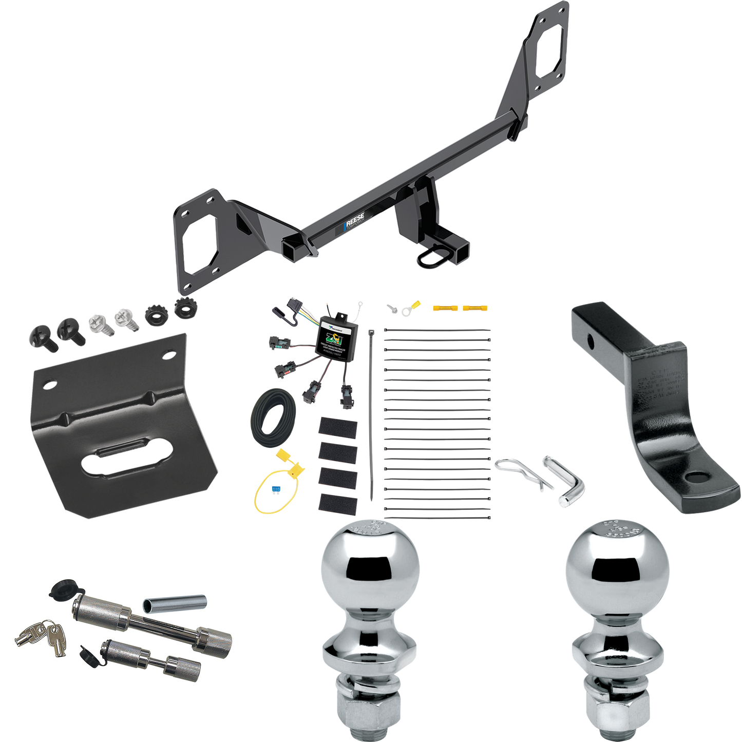 Fits 2016-2021 Honda Civic Trailer Hitch Tow PKG w/ 4-Flat Zero Contact "No Splice" Wiring Harness + Draw-Bar + 1-7/8" + 2" Ball + Wiring Bracket + Dual Hitch & Coupler Locks (For Coupe, Except Models w/Center Exhaust Models) By Reese Towpower