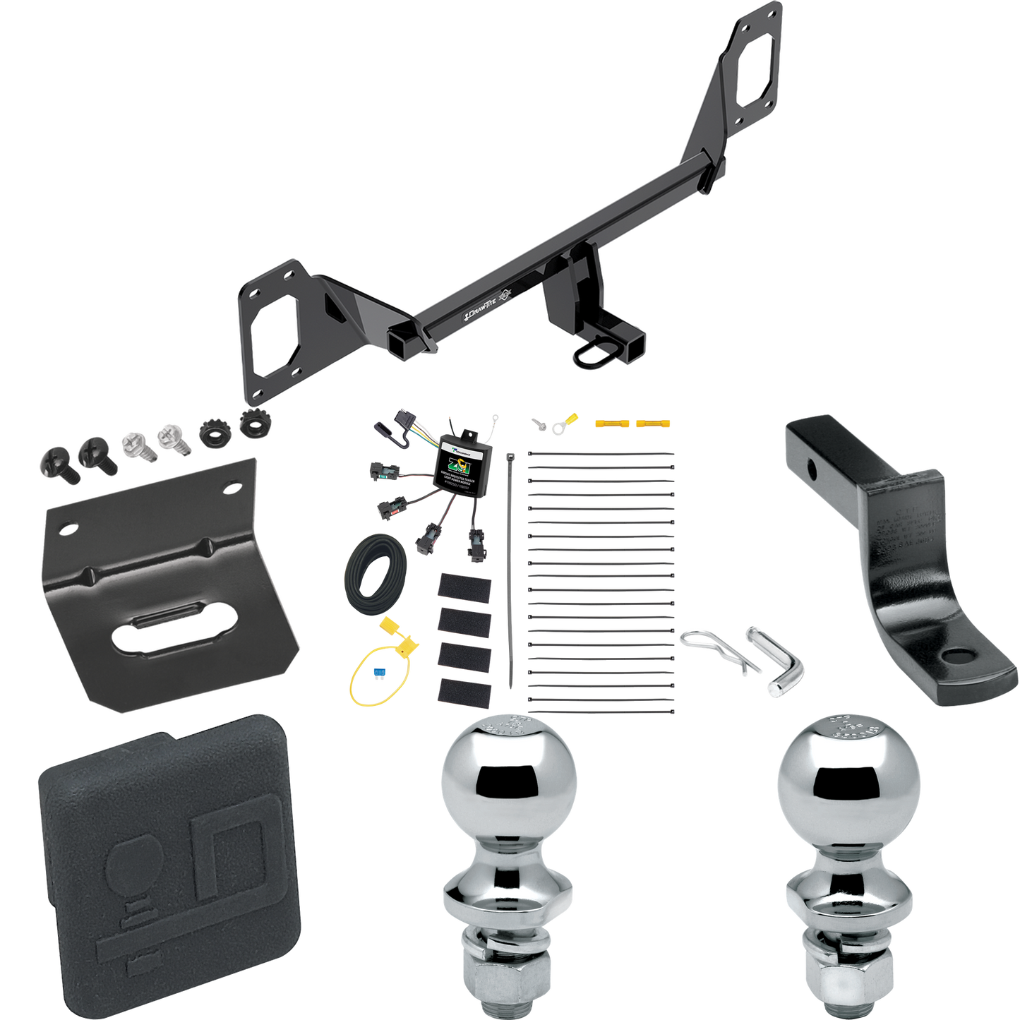 Fits 2016-2021 Honda Civic Trailer Hitch Tow PKG w/ 4-Flat Zero Contact "No Splice" Wiring Harness + Draw-Bar + 1-7/8" + 2" Ball + Wiring Bracket + Hitch Cover (For Coupe, Except Models w/Center Exhaust Models) By Draw-Tite