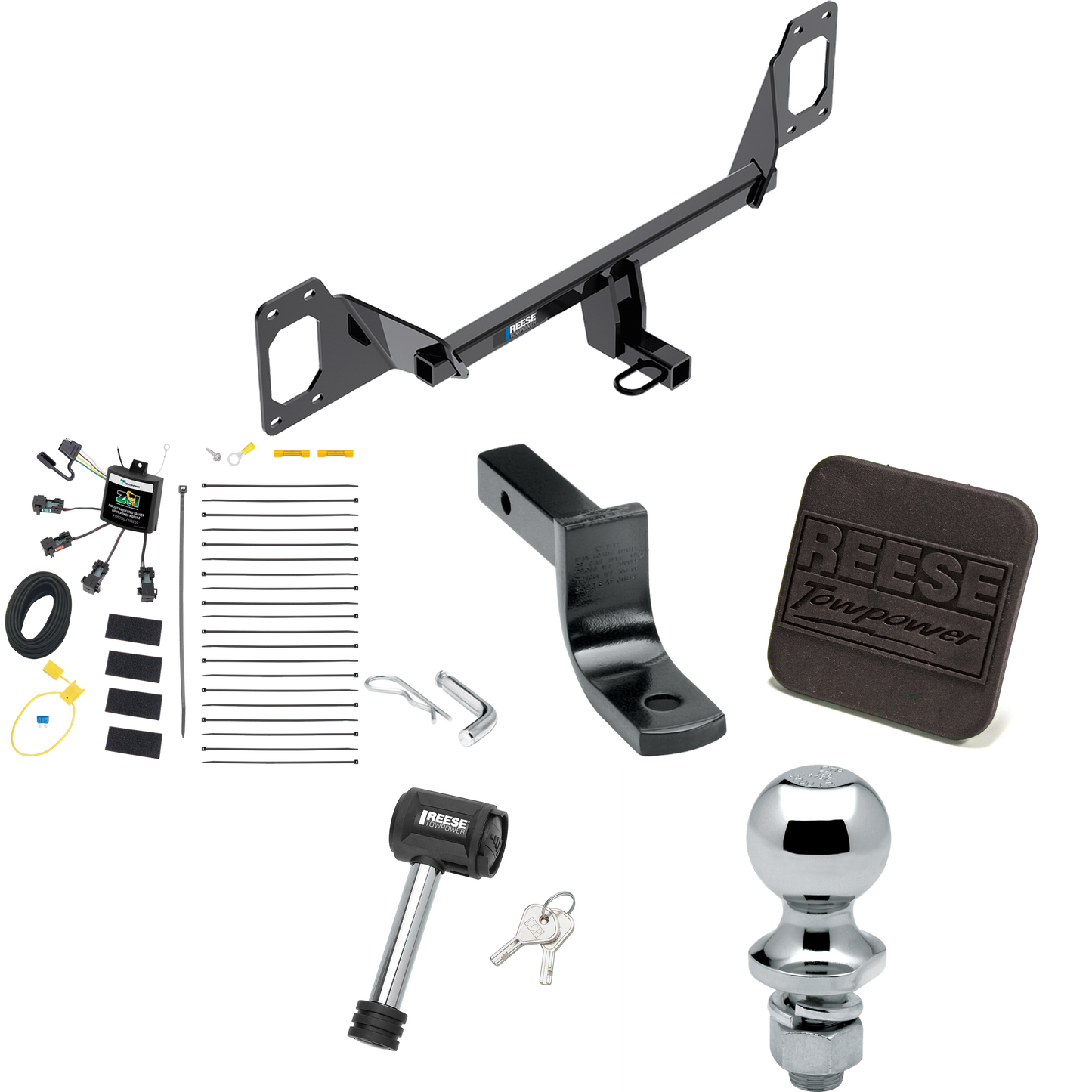 Fits 2016-2021 Honda Civic Trailer Hitch Tow PKG w/ 4-Flat Zero Contact "No Splice" Wiring Harness + Draw-Bar + 1-7/8" Ball + Hitch Cover + Hitch Lock (For Coupe, Except Models w/Center Exhaust Models) By Reese Towpower