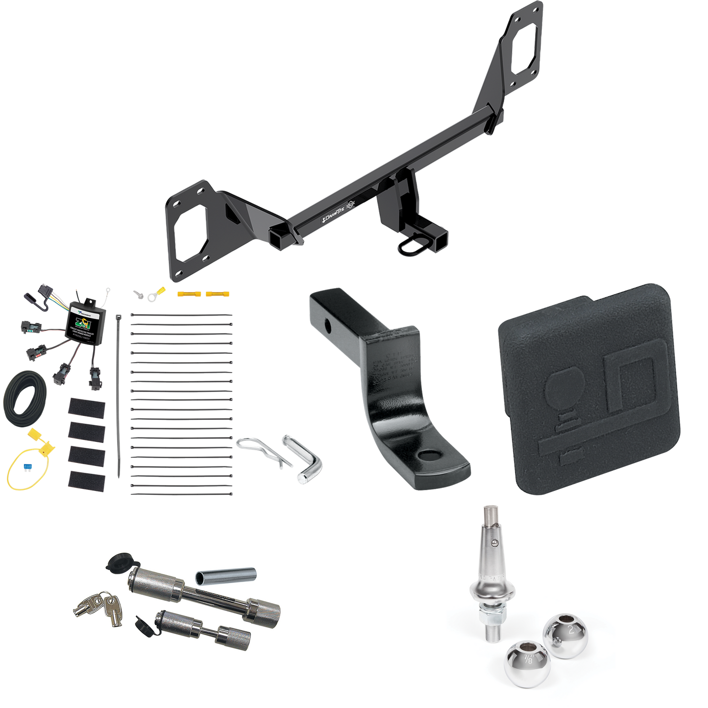 Fits 2016-2021 Honda Civic Trailer Hitch Tow PKG w/ 4-Flat Zero Contact "No Splice" Wiring Harness + Draw-Bar + Interchangeable 1-7/8" & 2" Balls + Hitch Cover + Dual Hitch & Coupler Locks (For Hatchback, Except Models w/Center Exhaust Models) By Dra