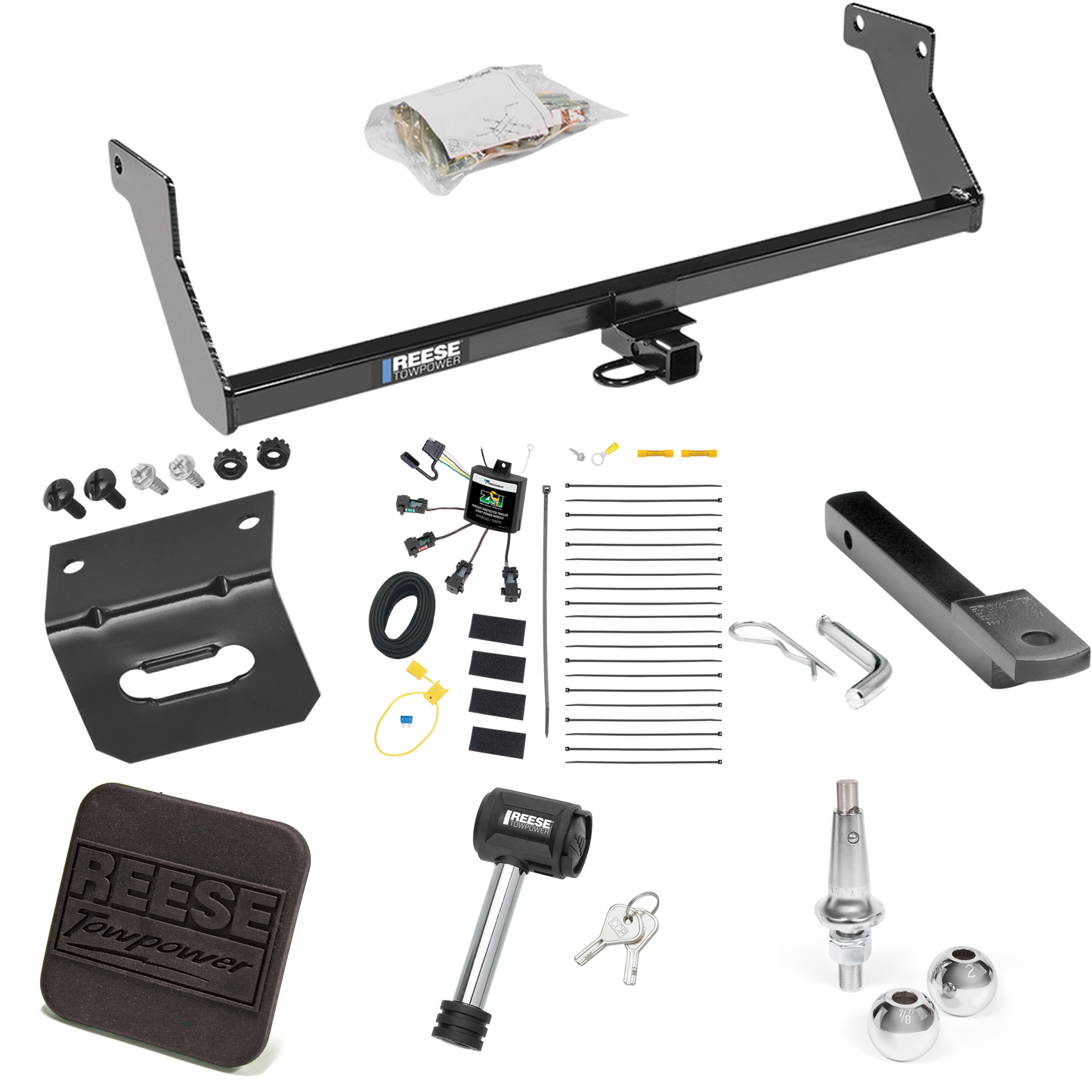 Fits 2007-2007 Dodge Caliber Trailer Hitch Tow PKG w/ 4-Flat Zero Contact "No Splice" Wiring Harness + Draw-Bar + Interchangeable 1-7/8" & 2" Balls + Wiring Bracket + Hitch Cover + Hitch Lock By Reese Towpower