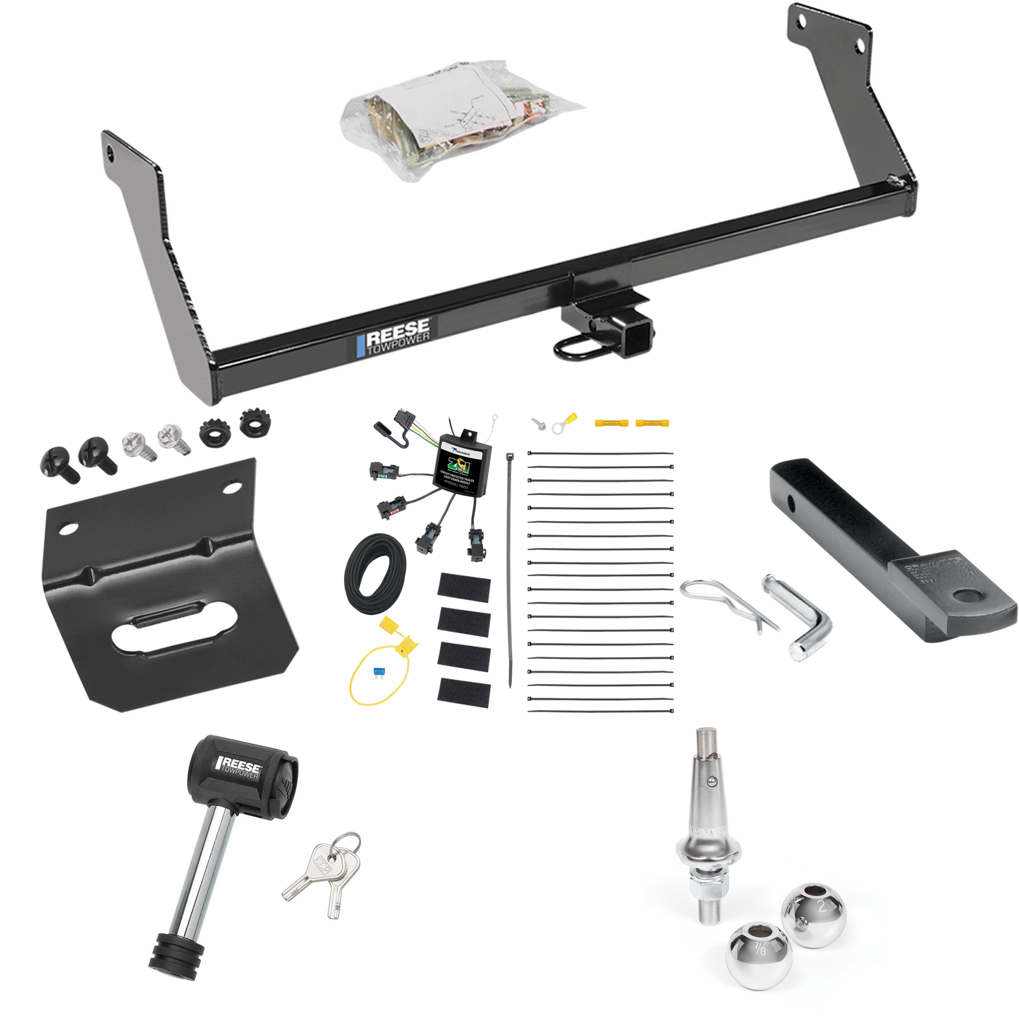 Fits 2007-2007 Dodge Caliber Trailer Hitch Tow PKG w/ 4-Flat Zero Contact "No Splice" Wiring Harness + Draw-Bar + Interchangeable 1-7/8" & 2" Balls + Wiring Bracket + Hitch Lock By Reese Towpower