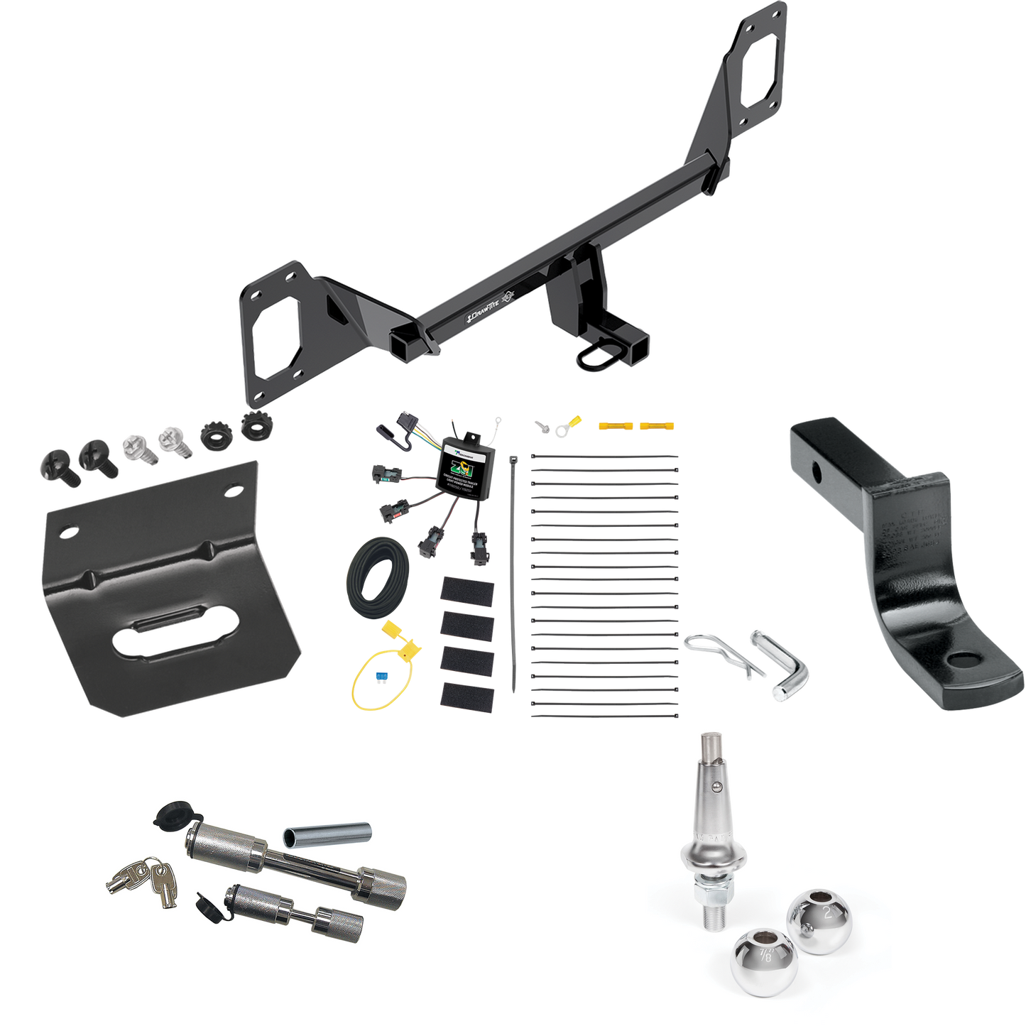 Fits 2016-2021 Honda Civic Trailer Hitch Tow PKG w/ 4-Flat Zero Contact "No Splice" Wiring Harness + Draw-Bar + Interchangeable 1-7/8" & 2" Balls + Wiring Bracket + Dual Hitch & Coupler Locks (For Hatchback, Except Models w/Center Exhaust Models) By