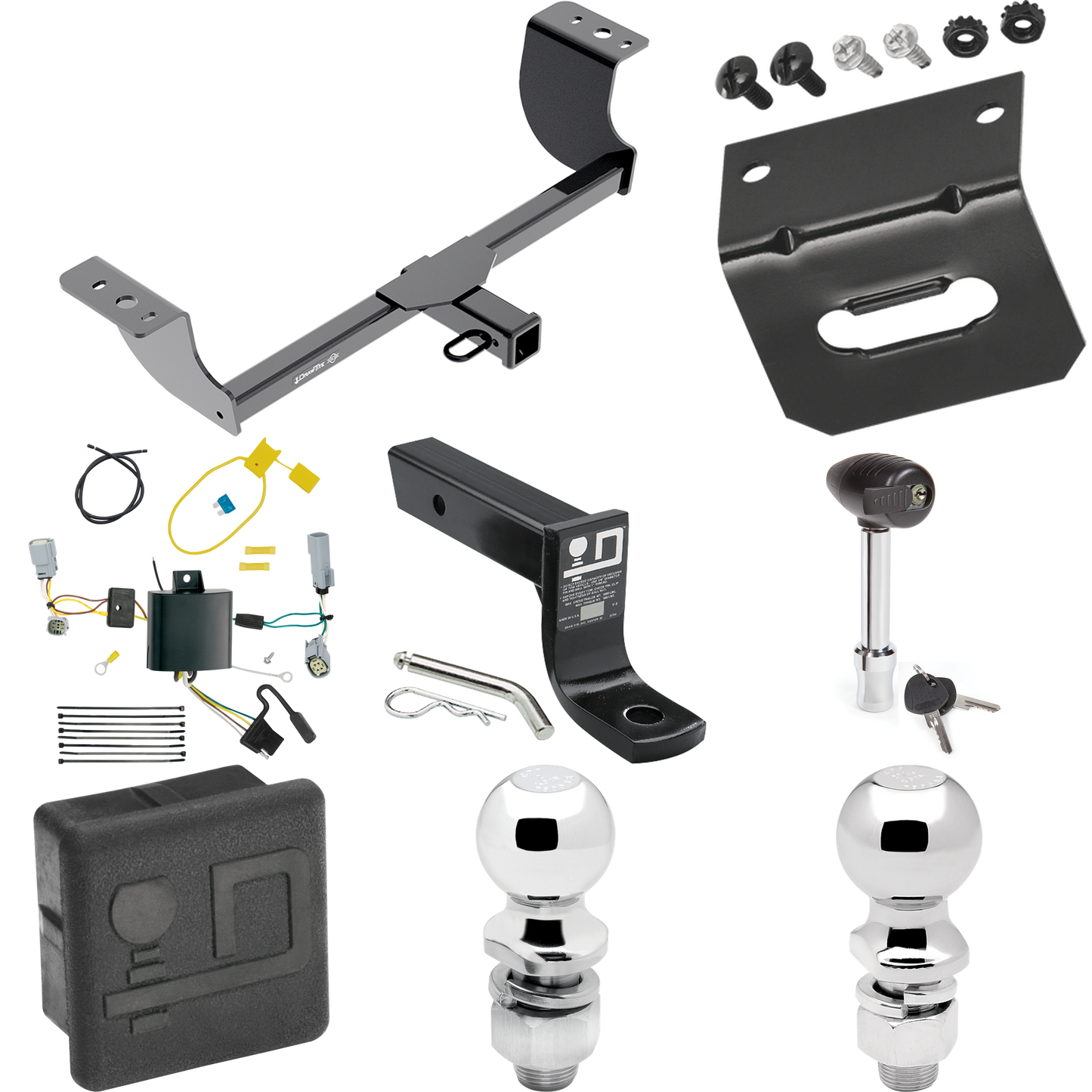 Fits 2015-2022 Dodge Challenger Trailer Hitch Tow PKG w/ 4-Flat Wiring + Ball Mount w/ 4" Drop + 2" Ball + 2-5/16" Ball + Wiring Bracket + Hitch Lock + Hitch Cover (Excludes: w/Quad Tip Exhaust Models) By Draw-Tite