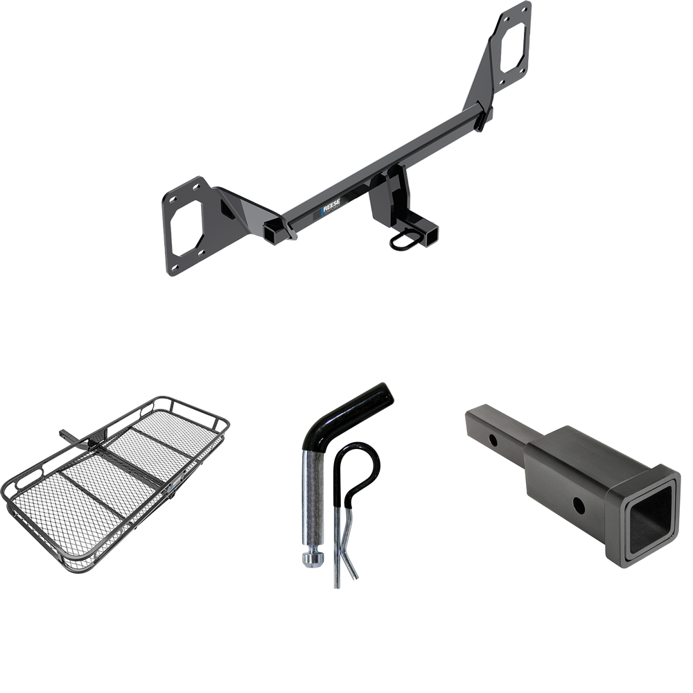 Fits 2016-2023 Honda Civic Trailer Hitch Tow PKG w/ Hitch Adapter 1-1/4" to 2" Receiver + 1/2" Pin & Clip + 60" x 24" Cargo Carrier Rack (For Sedan, Except Models w/Center Exhaust Models) By Reese Towpower