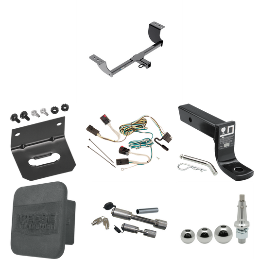 Fits 2008-2014 Dodge Challenger Trailer Hitch Tow PKG w/ 4-Flat Wiring + Ball Mount w/ 4" Drop + Interchangeable Ball 1-7/8" & 2" & 2-5/16" + Wiring Bracket + Dual Hitch & Coupler Locks + Hitch Cover (Excludes: w/Quad Tip Exhaust Models) By Reese Tow