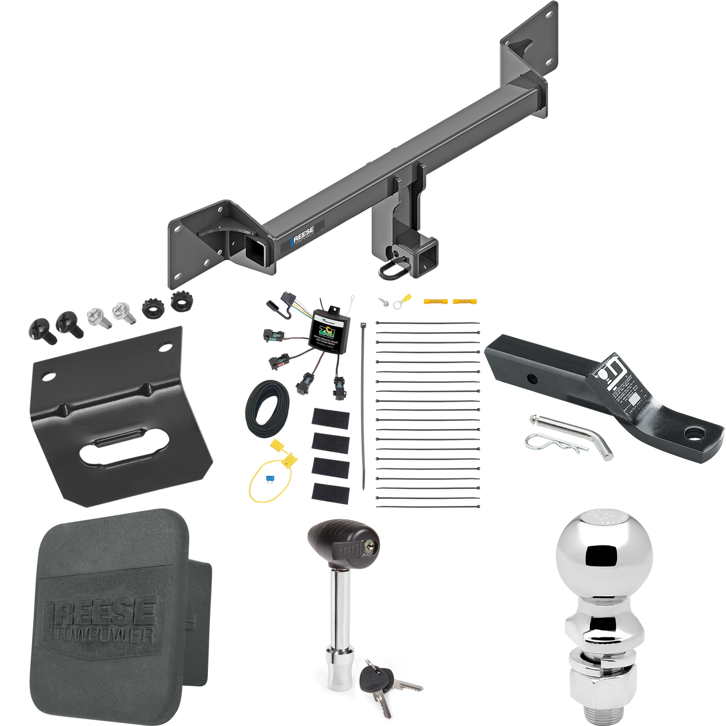 Fits 2018-2023 Audi Q5 Trailer Hitch Tow PKG w/ 4-Flat Zero Contact "No Splice" Wiring + Ball Mount w/ 2" Drop + 2-5/16" Ball + Wiring Bracket + Hitch Lock + Hitch Cover By Reese Towpower