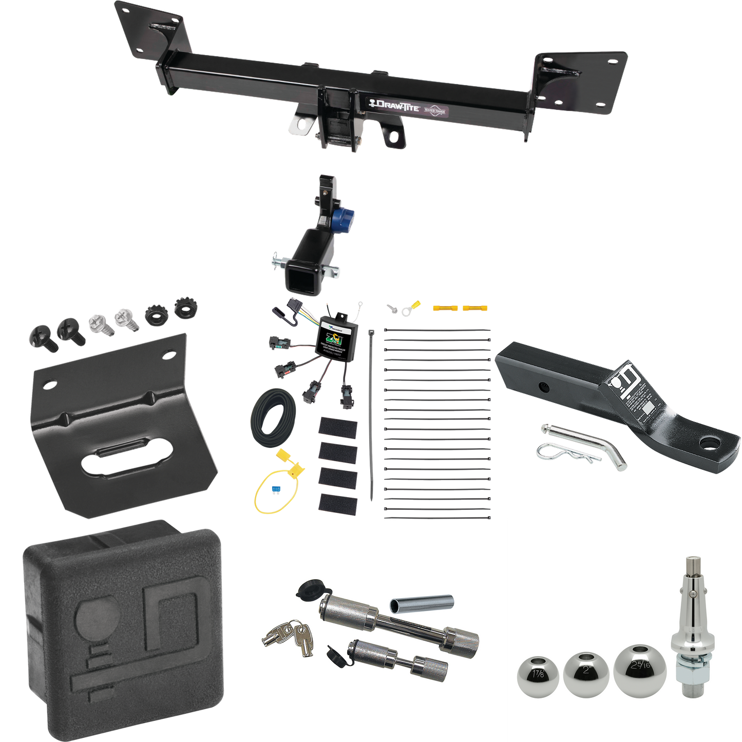 Fits 2018-2022 Audi SQ5 Trailer Hitch Tow PKG w/ 4-Flat Zero Contact "No Splice" Wiring + Ball Mount w/ 2" Drop + Interchangeable Ball 1-7/8" & 2" & 2-5/16" + Wiring Bracket + Dual Hitch & Coupler Locks + Hitch Cover By Draw-Tite