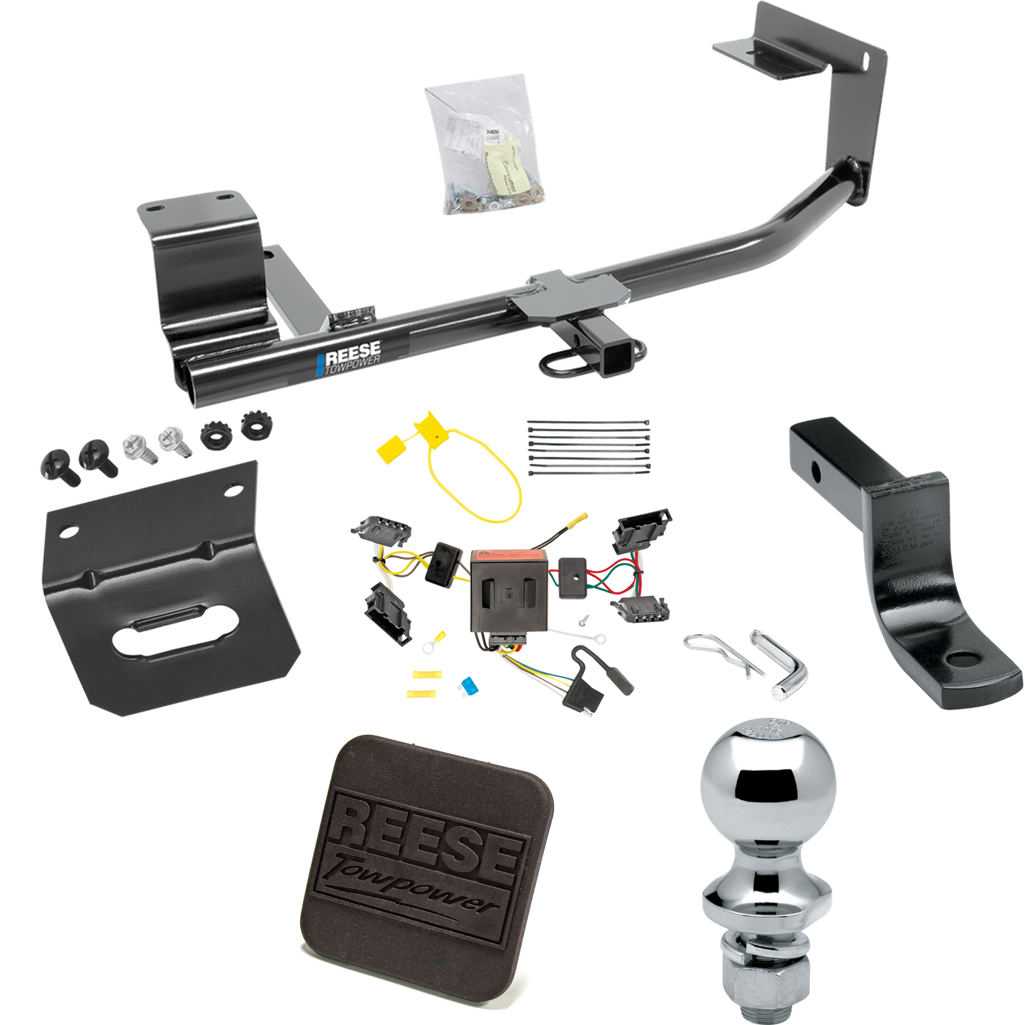 Se adapta al paquete de enganche de remolque Volkswagen Jetta 2015-2018 con arnés de cableado de 4 planos + barra de tracción + bola de 1-7/8" + soporte de cableado + cubierta de enganche (para sedán, excepto modelos híbridos y TDI) de Reese Towpower