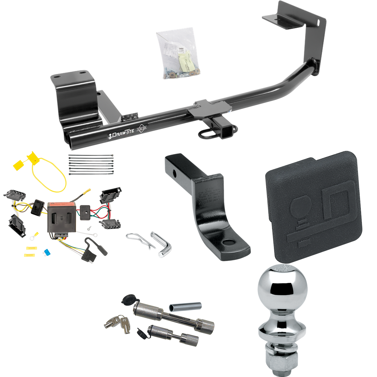 Fits 2015-2018 Volkswagen Jetta Trailer Hitch Tow PKG w/ 4-Flat Wiring Harness + Draw-Bar + 1-7/8" Ball + Hitch Cover + Dual Hitch & Coupler Locks (For Sedan, Except Hybrid & TDI Models) By Draw-Tite