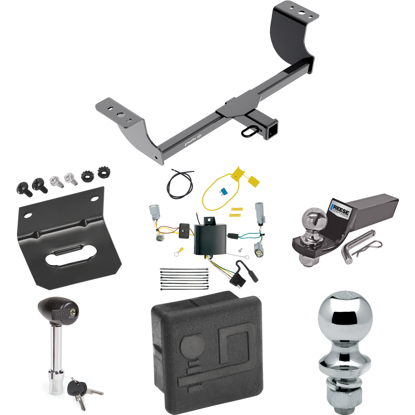 Fits 2015-2022 Dodge Challenger Trailer Hitch Tow PKG w/ 4-Flat Wiring + Starter Kit Ball Mount w/ 2" Drop & 2" Ball + 1-7/8" Ball + Wiring Bracket + Hitch Lock + Hitch Cover (Excludes: w/Quad Tip Exhaust Models) By Draw-Tite