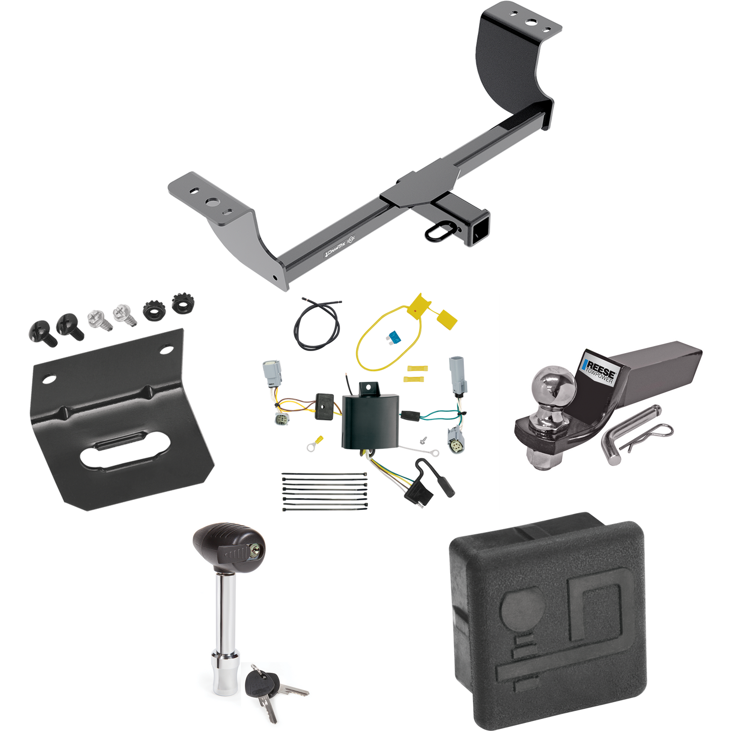 Fits 2015-2022 Dodge Challenger Trailer Hitch Tow PKG w/ 4-Flat Wiring + Starter Kit Ball Mount w/ 2" Drop & 2" Ball + Wiring Bracket + Hitch Lock + Hitch Cover (Excludes: w/Quad Tip Exhaust Models) By Draw-Tite