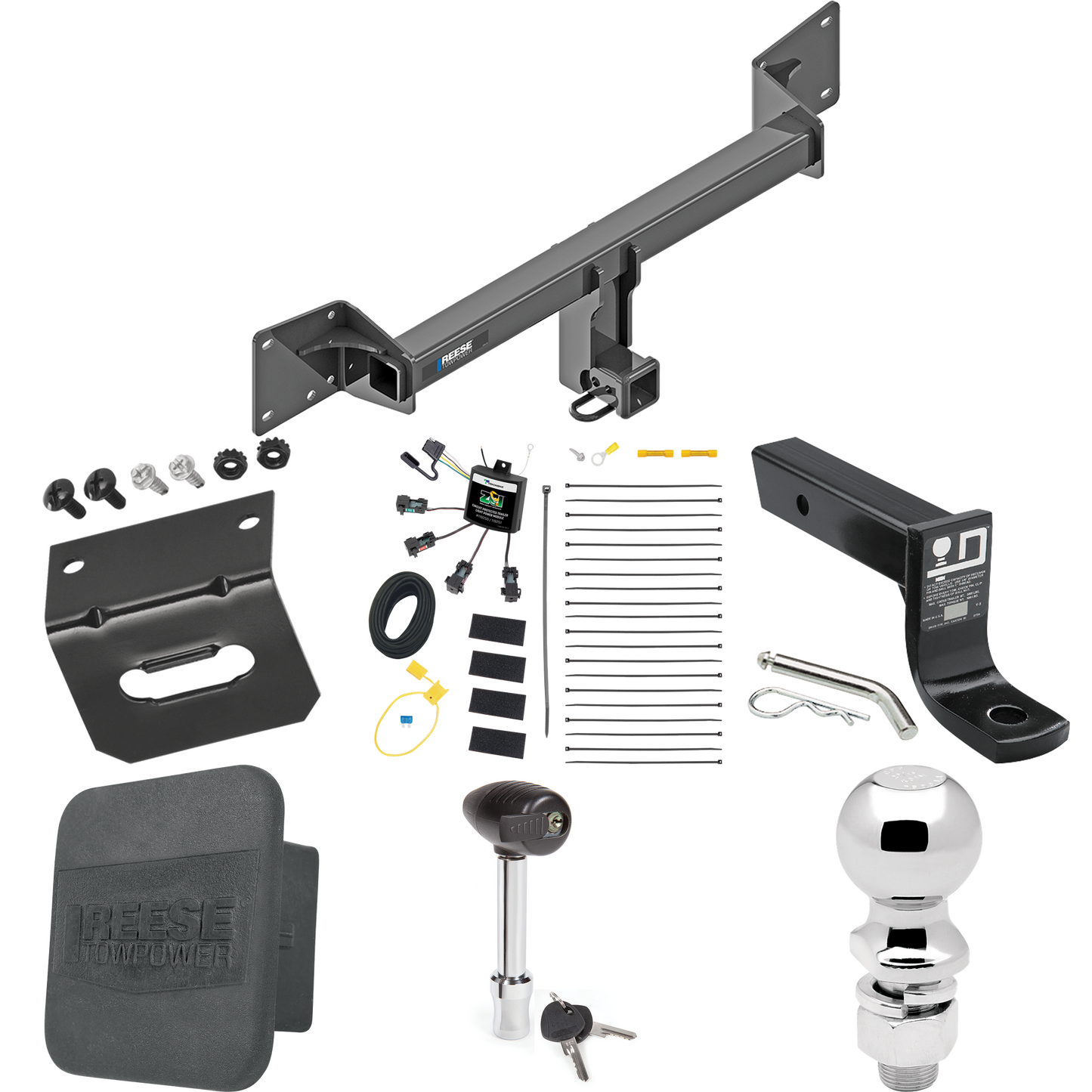 Se adapta al paquete de enganche de remolque Audi Q5 2018-2023 con cableado "sin empalme" de 4 contactos planos cero + soporte de bola con caída de 4" + bola de 2-5/16" + soporte de cableado + bloqueo de enganche + cubierta de enganche de Reese Towpower