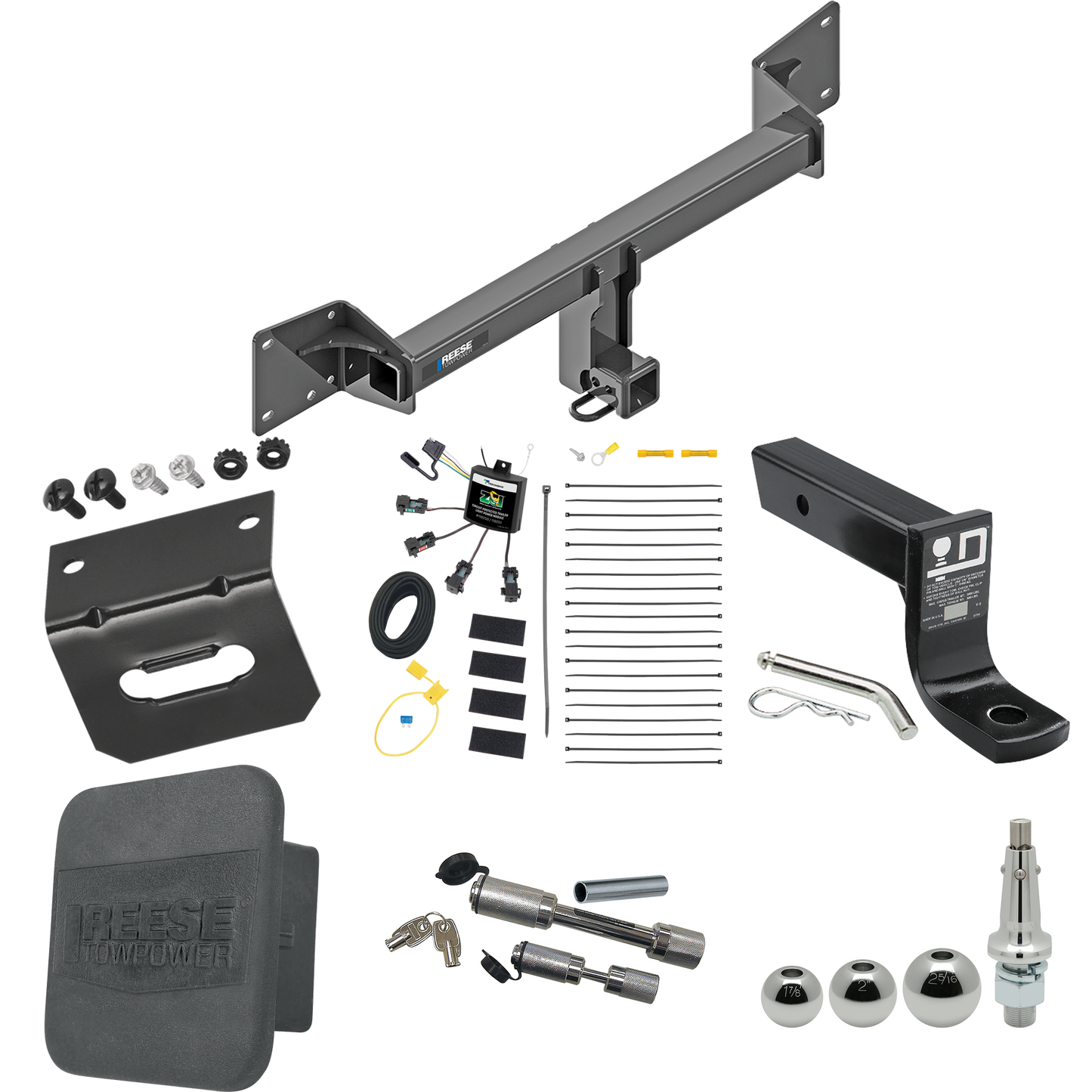 Fits 2018-2022 Audi SQ5 Trailer Hitch Tow PKG w/ 4-Flat Zero Contact "No Splice" Wiring + Ball Mount w/ 4" Drop + Interchangeable Ball 1-7/8" & 2" & 2-5/16" + Wiring Bracket + Dual Hitch & Coupler Locks + Hitch Cover By Reese Towpower