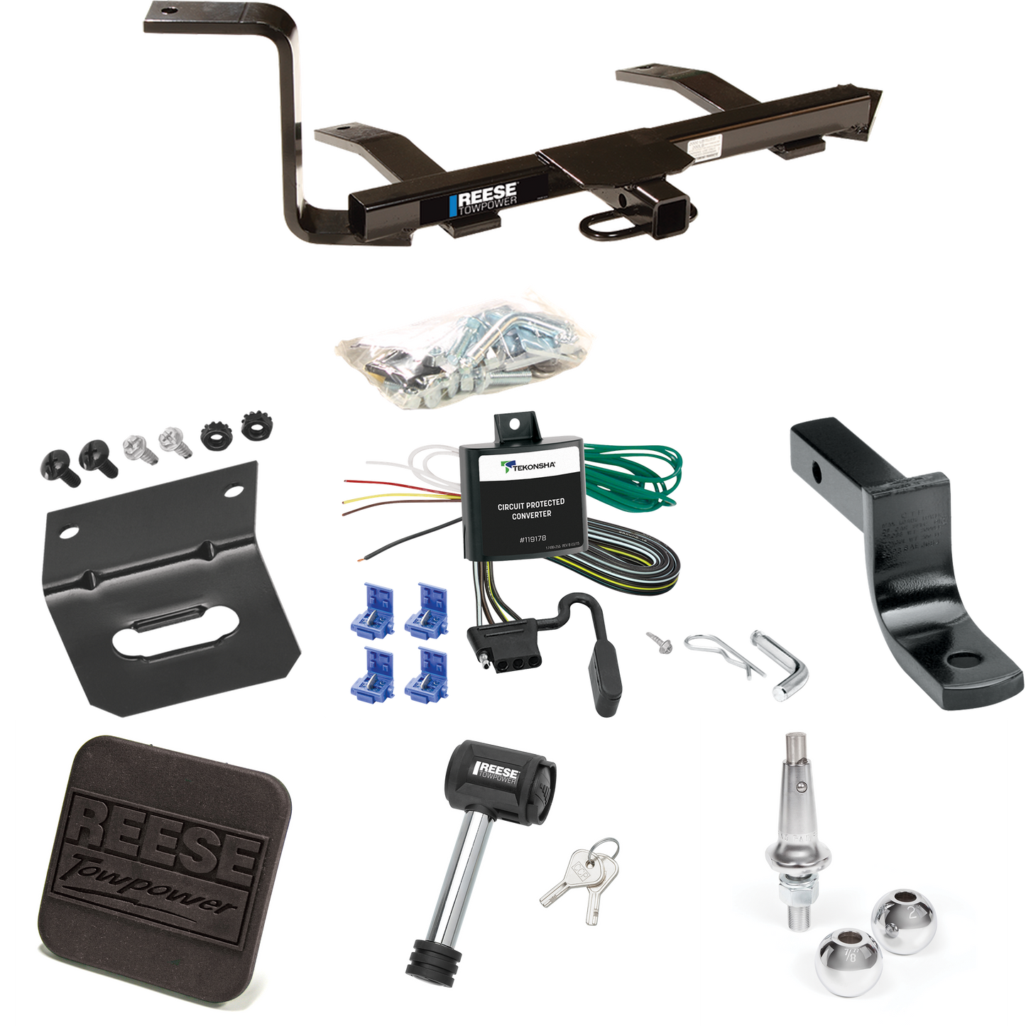 Fits 1999-2005 Volkswagen Jetta Trailer Hitch Tow PKG w/ 4-Flat Wiring Harness + Draw-Bar + Interchangeable 1-7/8" & 2" Balls + Wiring Bracket + Hitch Cover + Hitch Lock (For Sedan, Except Gas Turbo & Wagon Models) By Reese Towpower