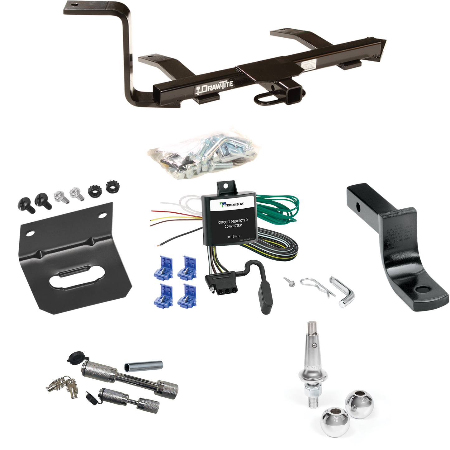 Fits 2007-2009 Volkswagen Jetta City Trailer Hitch Tow PKG w/ 4-Flat Wiring Harness + Draw-Bar + Interchangeable 1-7/8" & 2" Balls + Wiring Bracket + Dual Hitch & Coupler Locks (For Sedan, (Canada Only) Models) By Draw-Tite