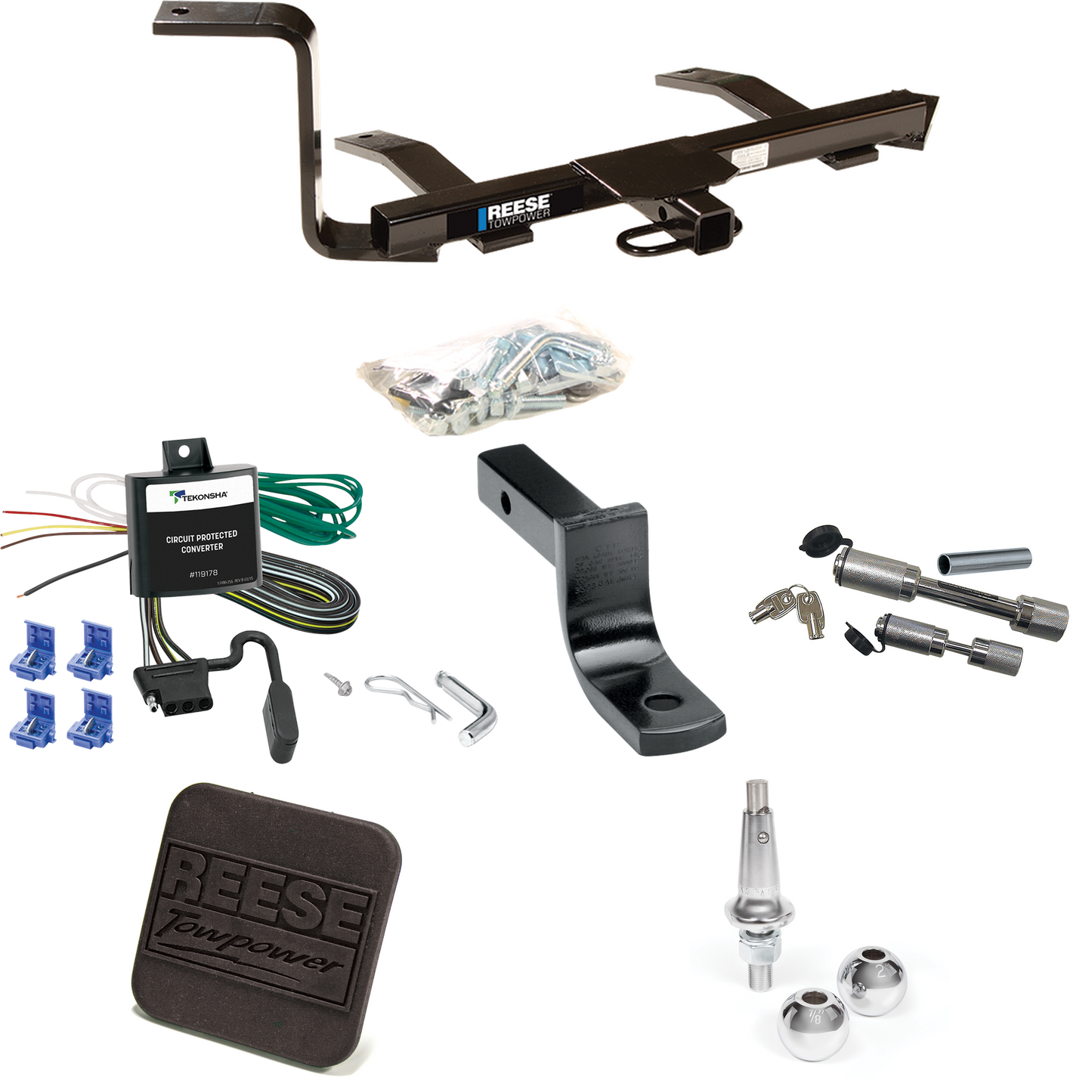 Fits 1999-2005 Volkswagen Jetta Trailer Hitch Tow PKG w/ 4-Flat Wiring Harness + Draw-Bar + Interchangeable 1-7/8" & 2" Balls + Hitch Cover + Dual Hitch & Coupler Locks (For Sedan, Except Gas Turbo & Wagon Models) By Reese Towpower