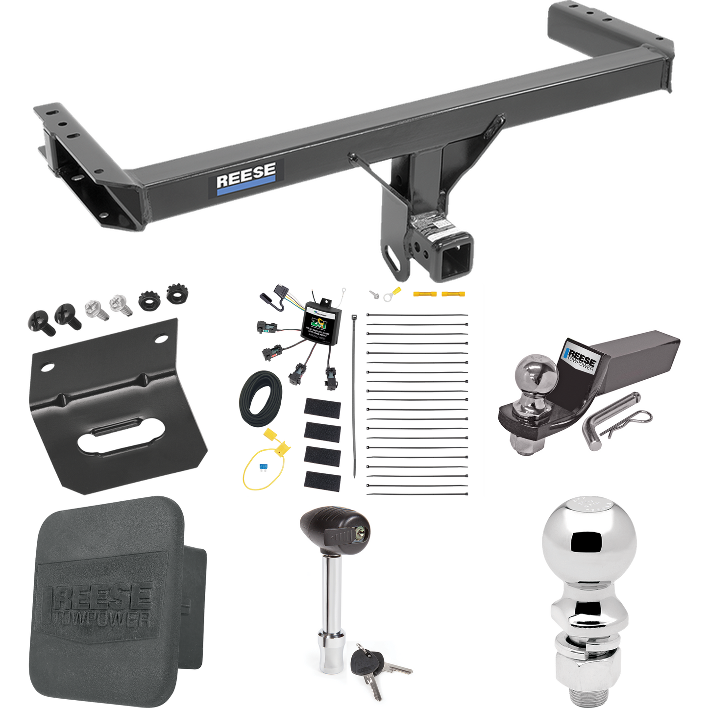 Fits 2015-2023 Porsche Macan Trailer Hitch Tow PKG w/ 4-Flat Zero Contact "No Splice" Wiring + Starter Kit Ball Mount w/ 2" Drop & 2" Ball + 2-5/16" Ball + Wiring Bracket + Hitch Lock + Hitch Cover (Excludes: S-Models Models) By Reese Towpower