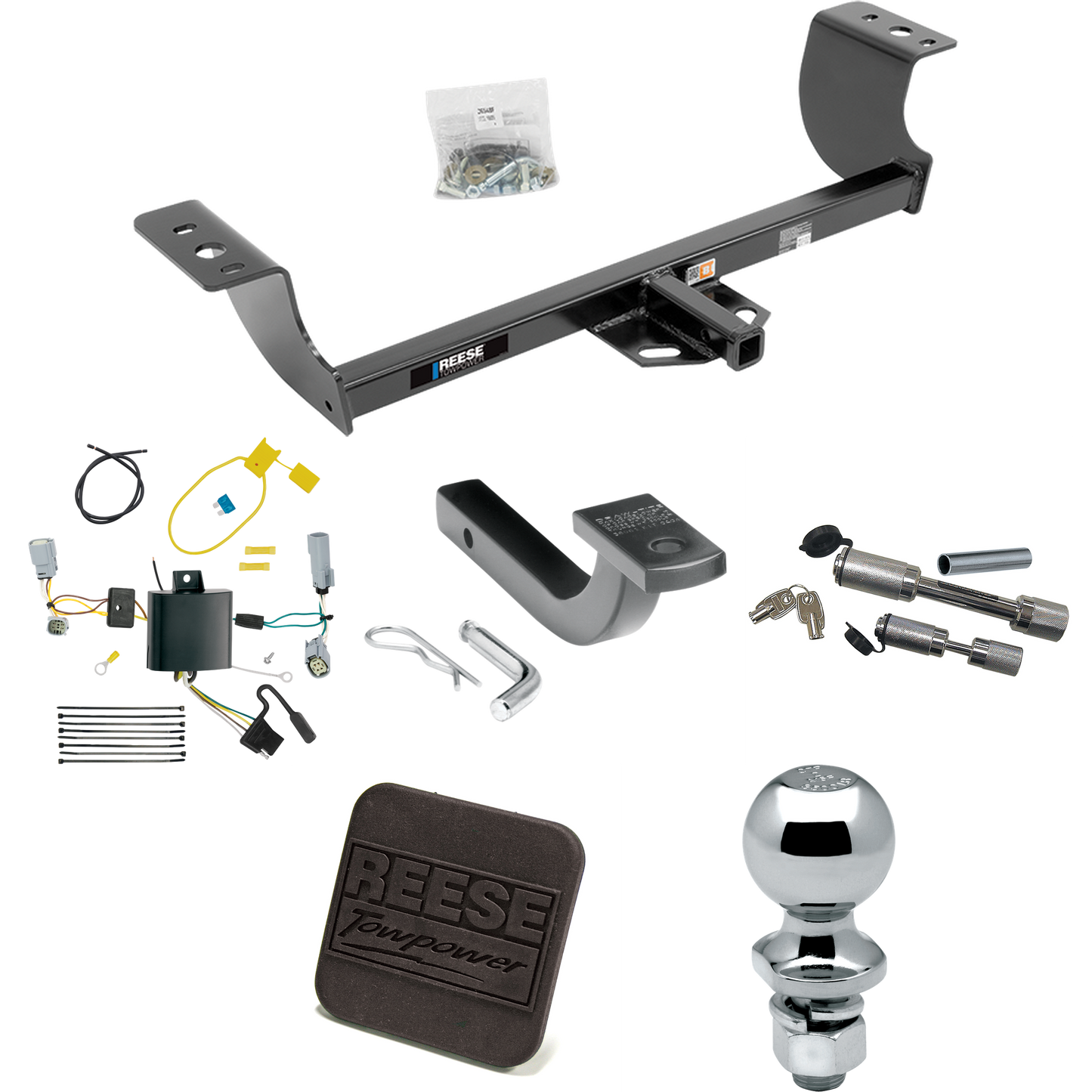 Fits 2015-2023 Dodge Challenger Trailer Hitch Tow PKG w/ 4-Flat Wiring Harness + Draw-Bar + 2" Ball + Hitch Cover + Dual Hitch & Coupler Locks (Excludes: w/Quad Tip Exhaust Models) By Reese Towpower