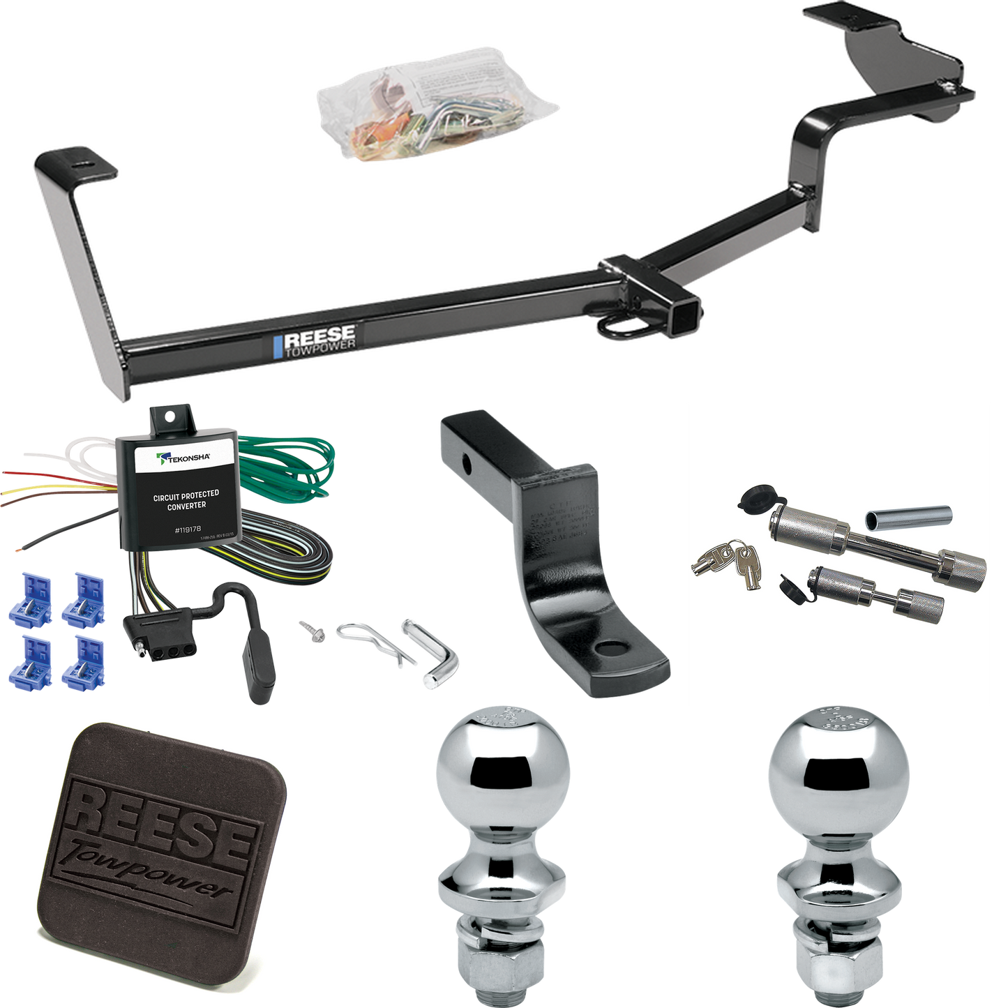 Fits 2006-2011 Honda Civic Trailer Hitch Tow PKG w/ 4-Flat Wiring Harness + Draw-Bar + 1-7/8" + 2" Ball + Hitch Cover + Dual Hitch & Coupler Locks (For Si, Sedan Models) By Reese Towpower