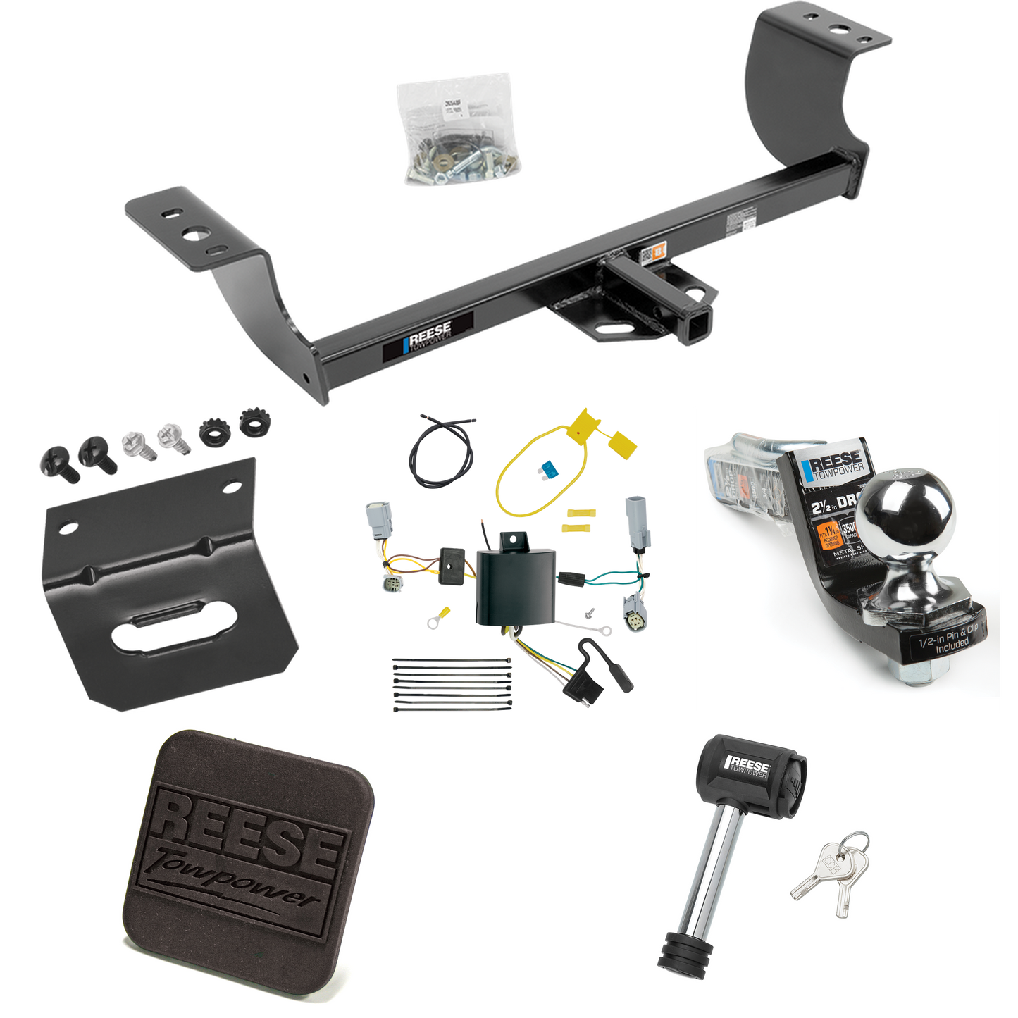 Fits 2015-2023 Dodge Challenger Trailer Hitch Tow PKG w/ 4-Flat Wiring Harness + Interlock Starter Kit w/ 2" Ball 2-1/2" Drop 2" Rise + Wiring Bracket + Hitch Cover + Hitch Lock (Excludes: w/Quad Tip Exhaust Models) By Reese Towpower