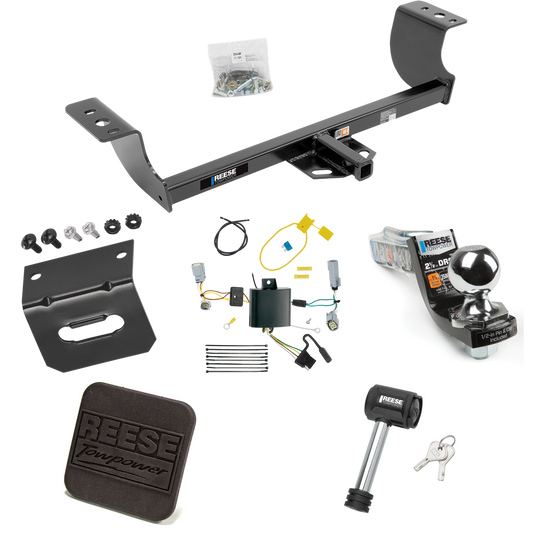 Fits 2015-2023 Dodge Challenger Trailer Hitch Tow PKG w/ 4-Flat Wiring Harness + Interlock Starter Kit w/ 2" Ball 2-1/2" Drop 2" Rise + Wiring Bracket + Hitch Cover + Hitch Lock (Excludes: w/Quad Tip Exhaust Models) By Reese Towpower