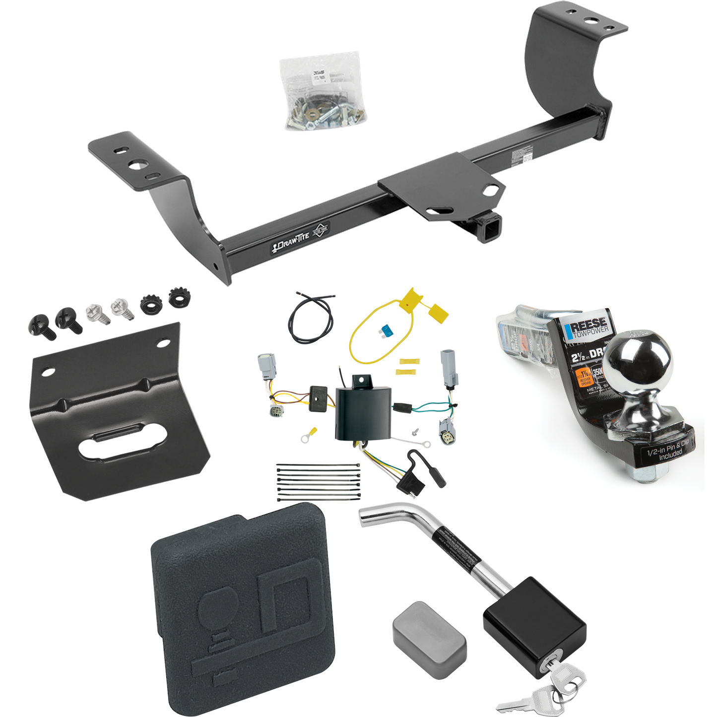 Fits 2015-2023 Dodge Challenger Trailer Hitch Tow PKG w/ 4-Flat Wiring Harness + Interlock Starter Kit w/ 2" Ball 2-1/2" Drop 2" Rise + Wiring Bracket + Hitch Cover + Hitch Lock (Excludes: w/Quad Tip Exhaust Models) By Draw-Tite