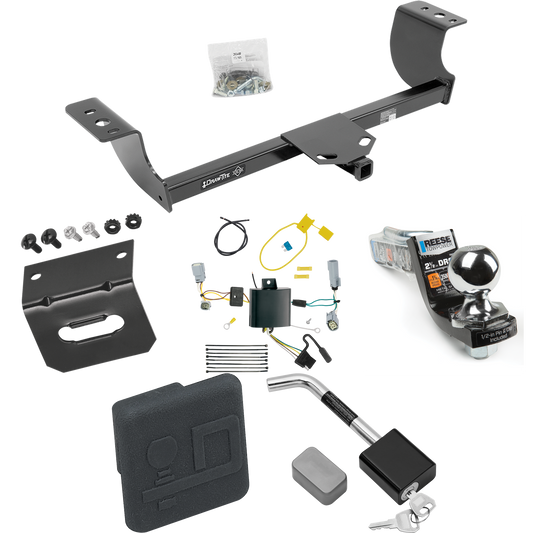 Fits 2015-2023 Dodge Challenger Trailer Hitch Tow PKG w/ 4-Flat Wiring Harness + Interlock Starter Kit w/ 2" Ball 2-1/2" Drop 2" Rise + Wiring Bracket + Hitch Cover + Hitch Lock (Excludes: w/Quad Tip Exhaust Models) By Draw-Tite