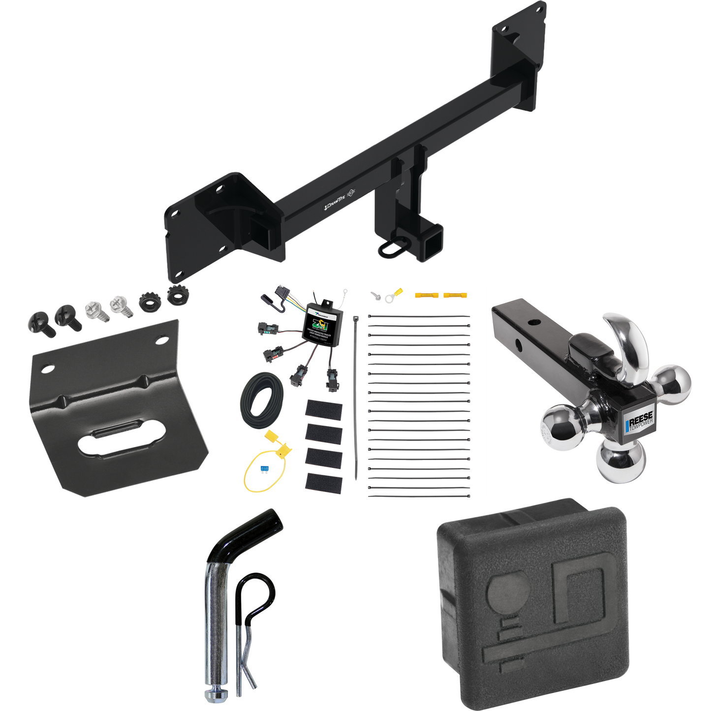 Fits 2021-2022 Mercedes-Benz GLE350 Trailer Hitch Tow PKG w/ 4-Flat Zero Contact "No Splice" Wiring + Triple Ball Ball Mount 1-7/8" & 2" & 2-5/16" Trailer Balls w/ Tow Hook + Pin/Clip + Wiring Bracket + Hitch Cover By Draw-Tite